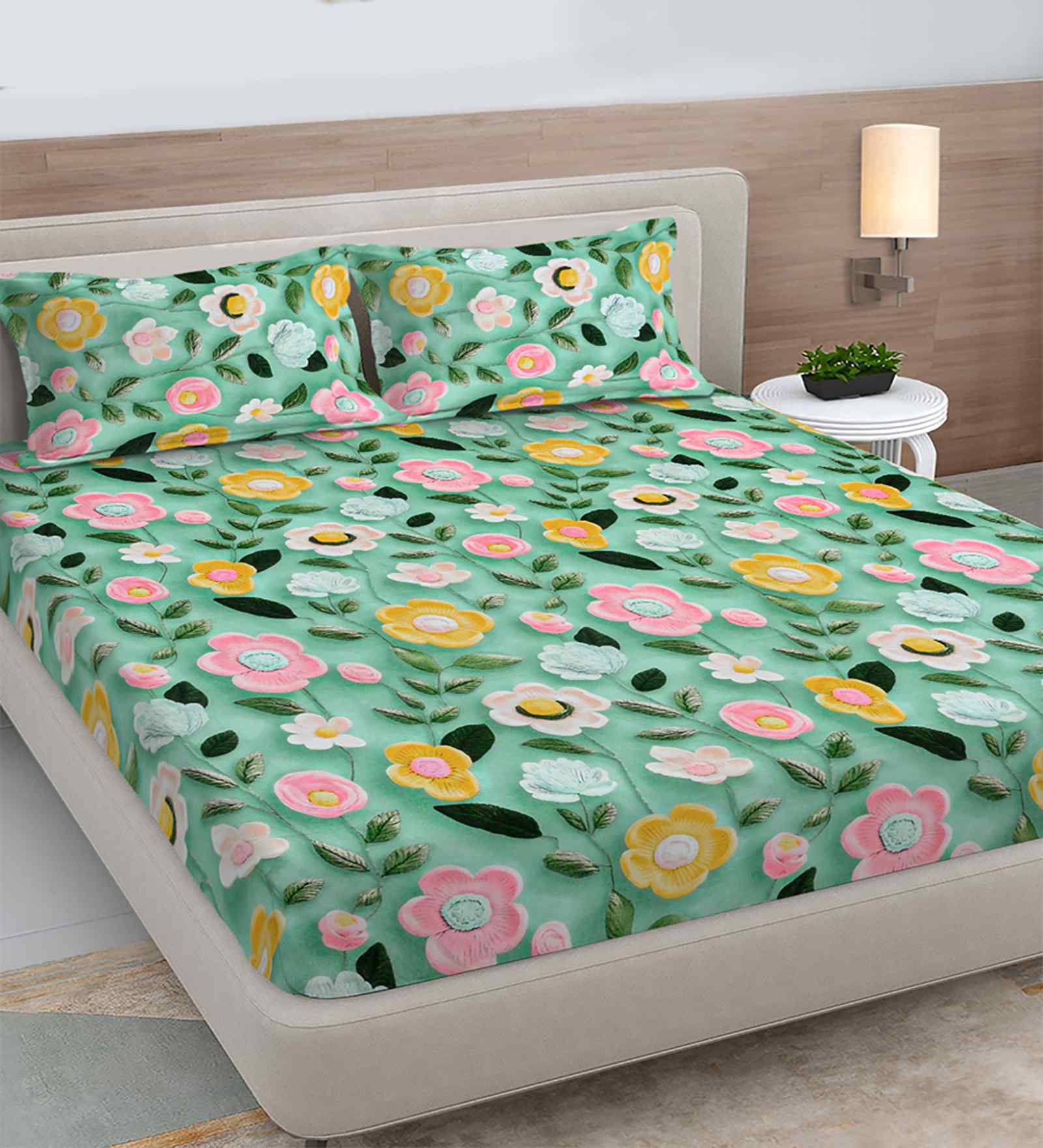 Green Floral 300 TC Cotton Blend 7D King Size Fitted Double Bedsheet with 2 Pillow Covers