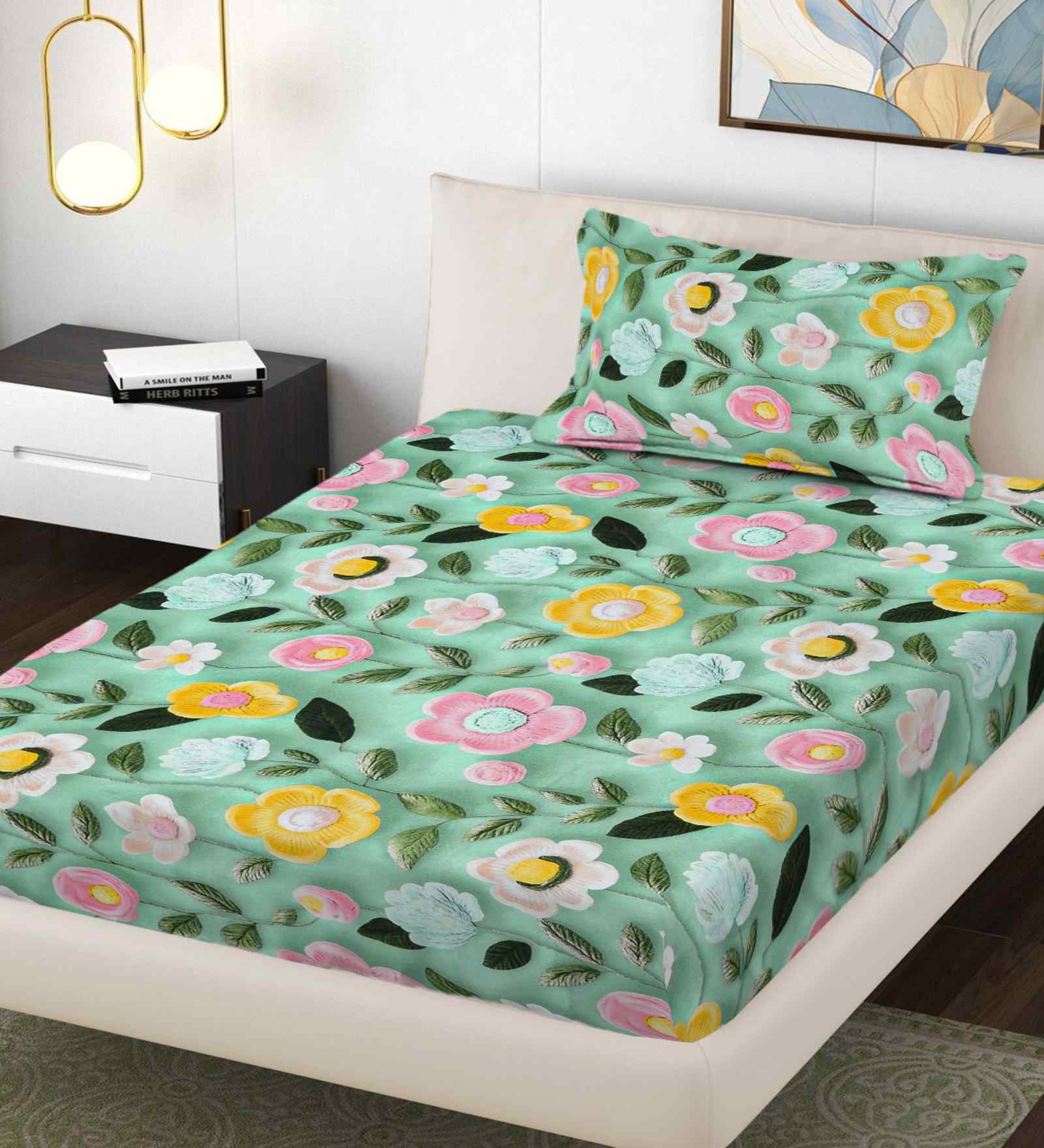 Green Floral 300 TC Cotton Blend 7D Single Bedsheet with 1 Pillow Cover