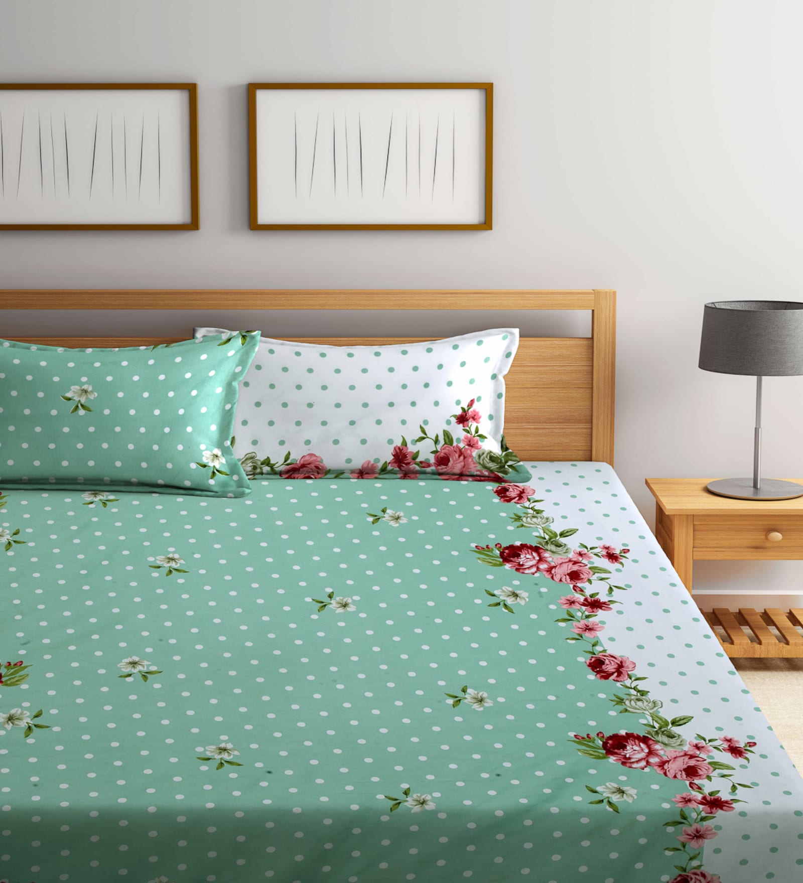 Green Floral 300 TC Cotton Blend Double King Sized Bedsheet With 2 Pillow Covers