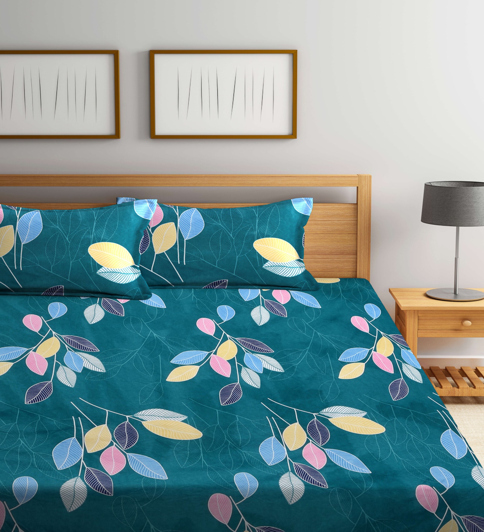 Green Floral 300 TC Cotton Blend Double King Sized Bedsheet With 2 Pillow Covers