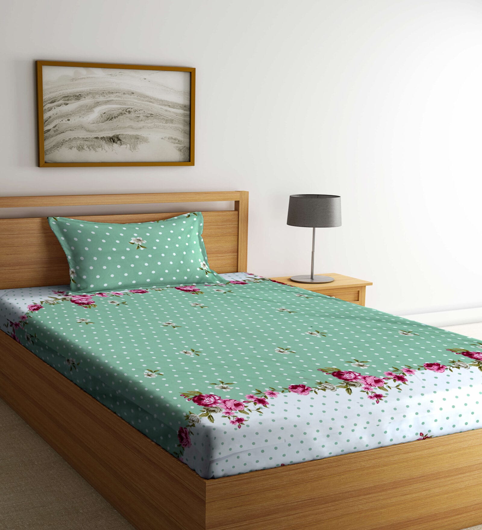 Green Floral 300 TC Cotton Blend Single Bedsheet with 1 Pillow Cover