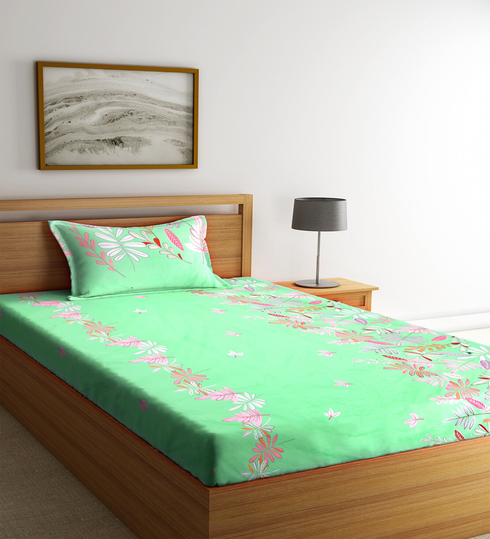 Green Floral 300 TC Cotton Single Bedsheet with 1 Pillow Cover