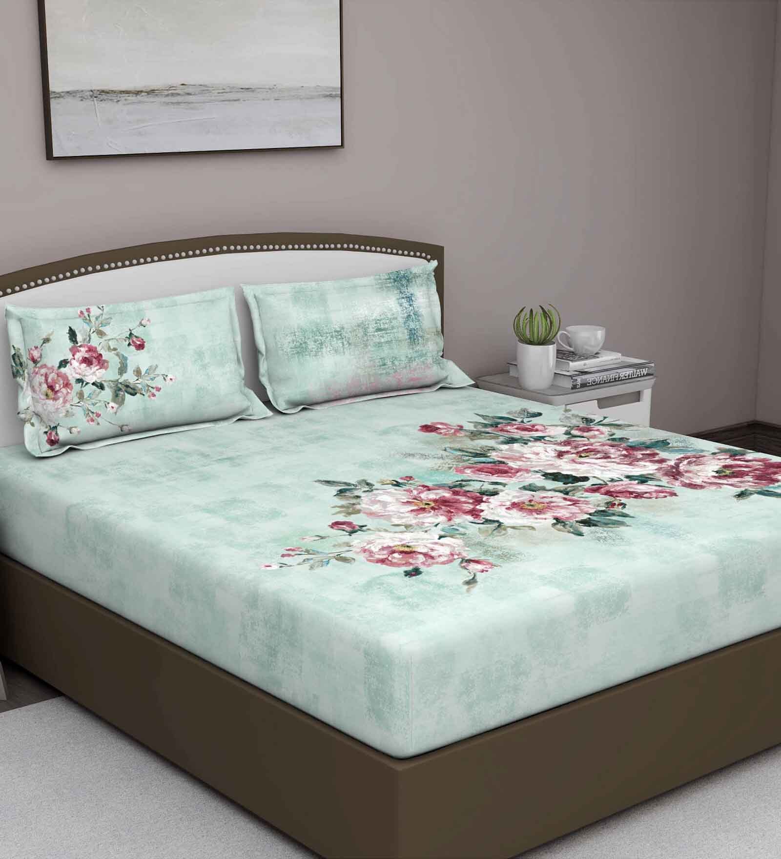 Green Floral 400 TC Cotton Queen Sized Bed Sheets with 2 Pillow Covers