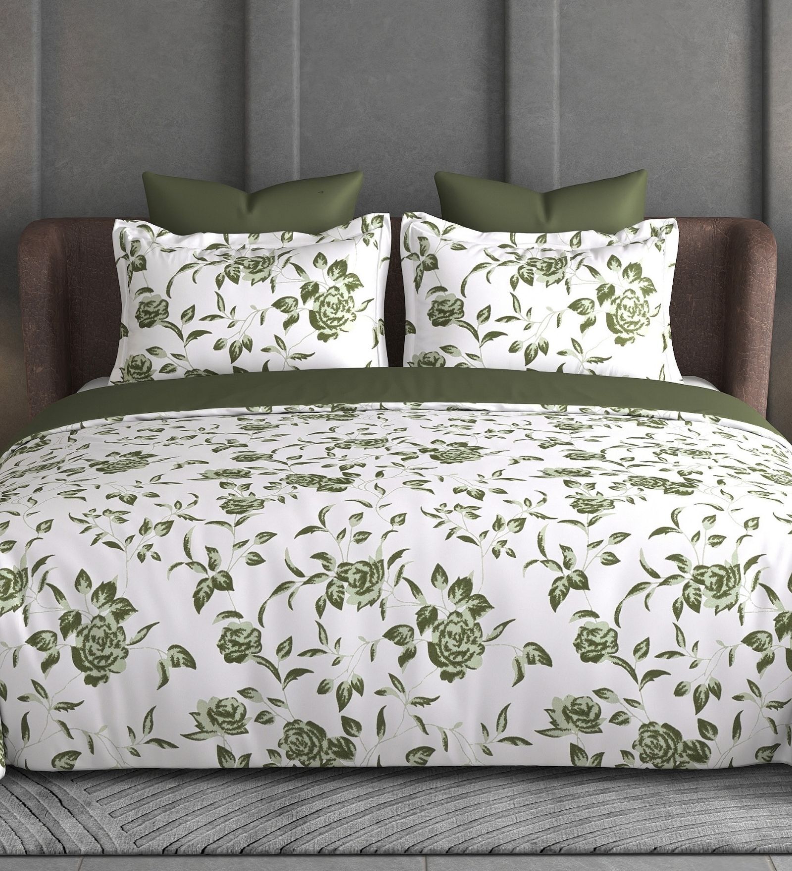 Green Floral 600TC Cotton Super King Sized Double Bedsheet with 2 Embroidery Pillow Covers