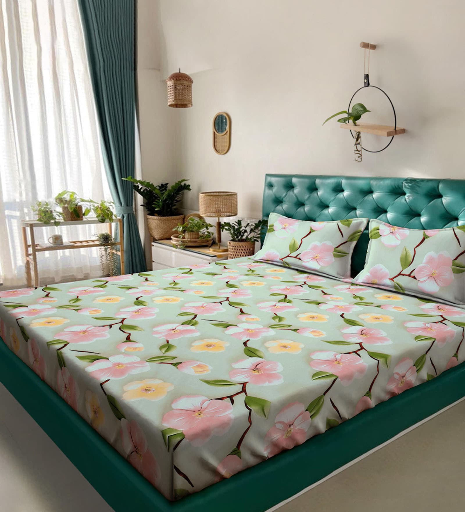 Green Floral 7D King Size Cotton Blend Double Bedsheet with 2 Pillow Covers