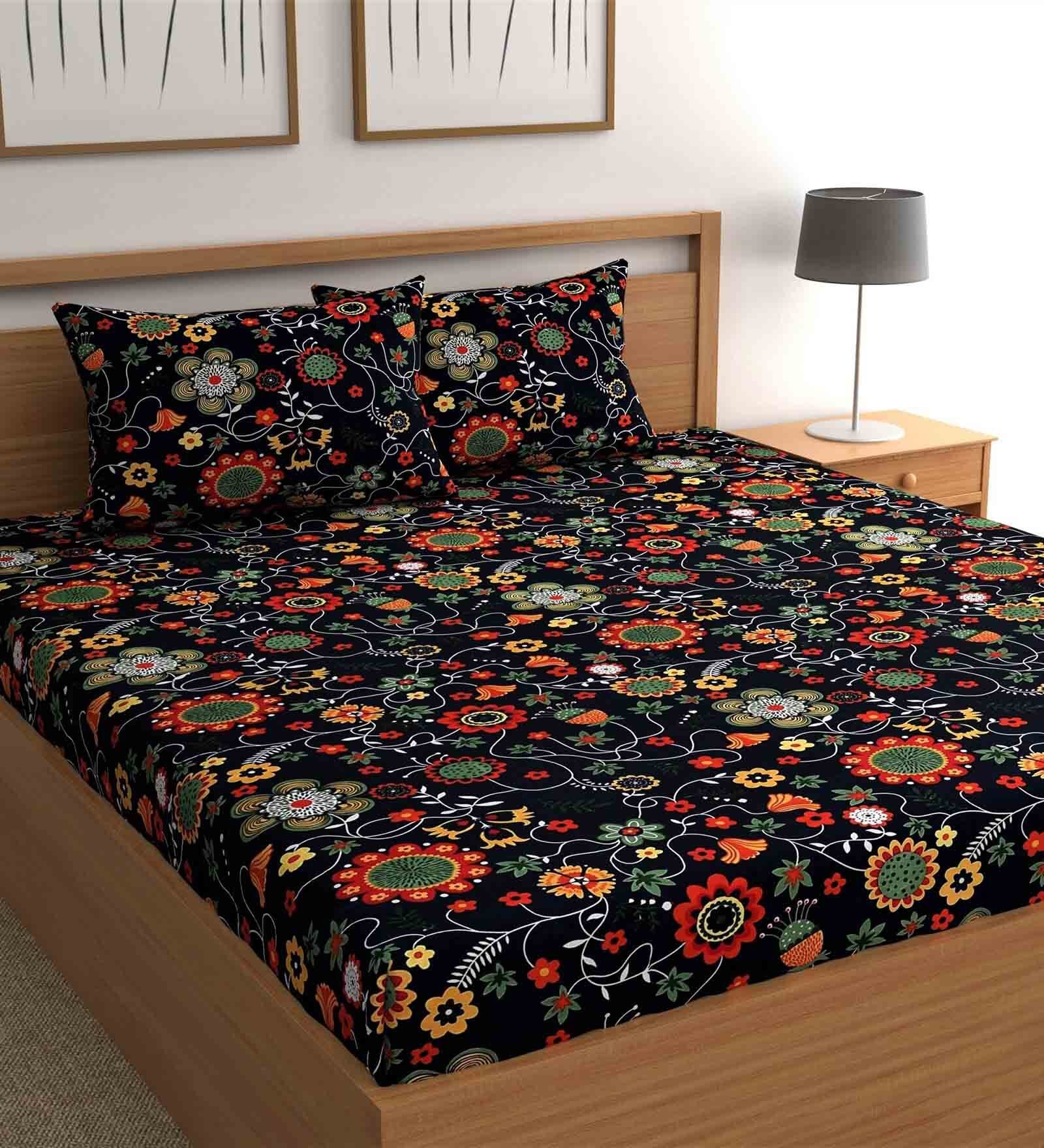 Multicolor Floral Bohemya 160 TC Microfiber Queen Sized Bedsheet with 2 Pillow Covers