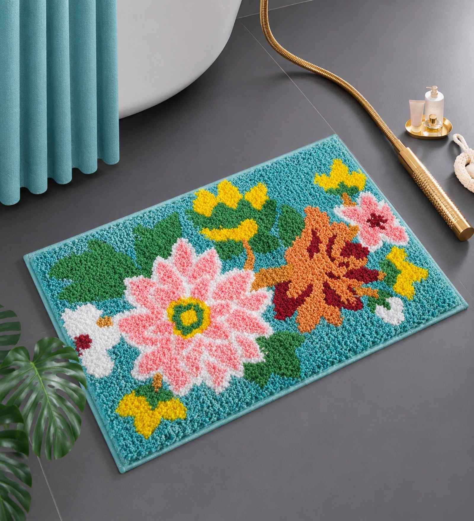 Green Floral Microfibre 24X16 Inches Anti-Skid Bath Mat