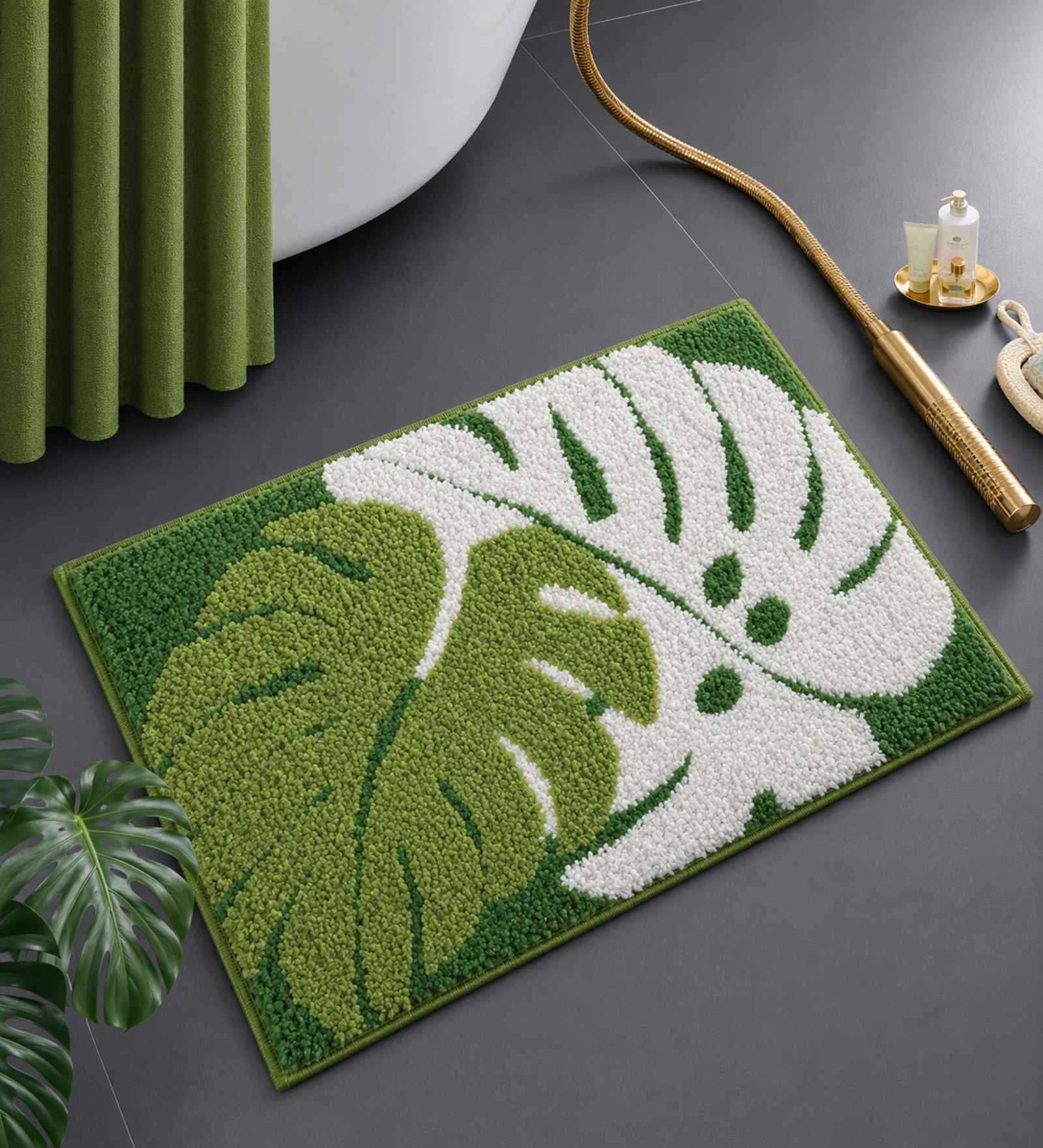 Green Floral Microfibre 24X16 Inches Anti-Skid Bath Mat