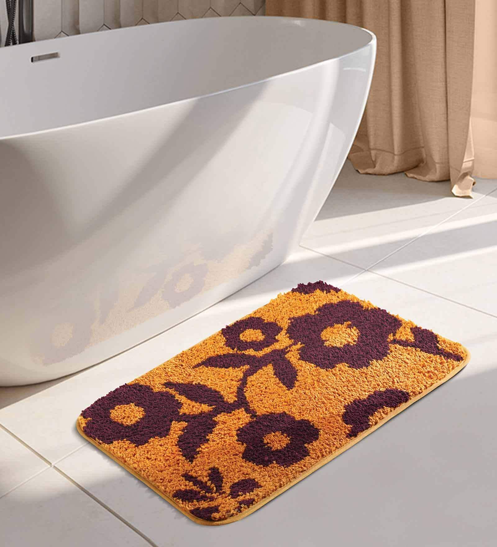 Orange Floral Polyester 28x20 Inches AntiSkid Bath Mat