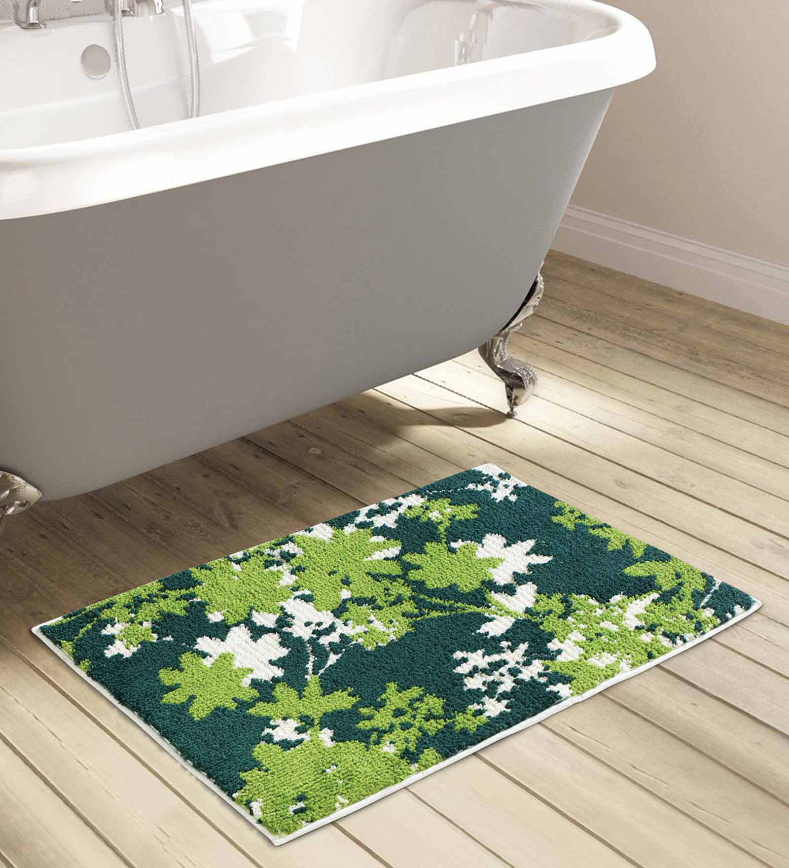 Buy Green Floral Polyester AntiSkid Bathmat by Obsessions Online