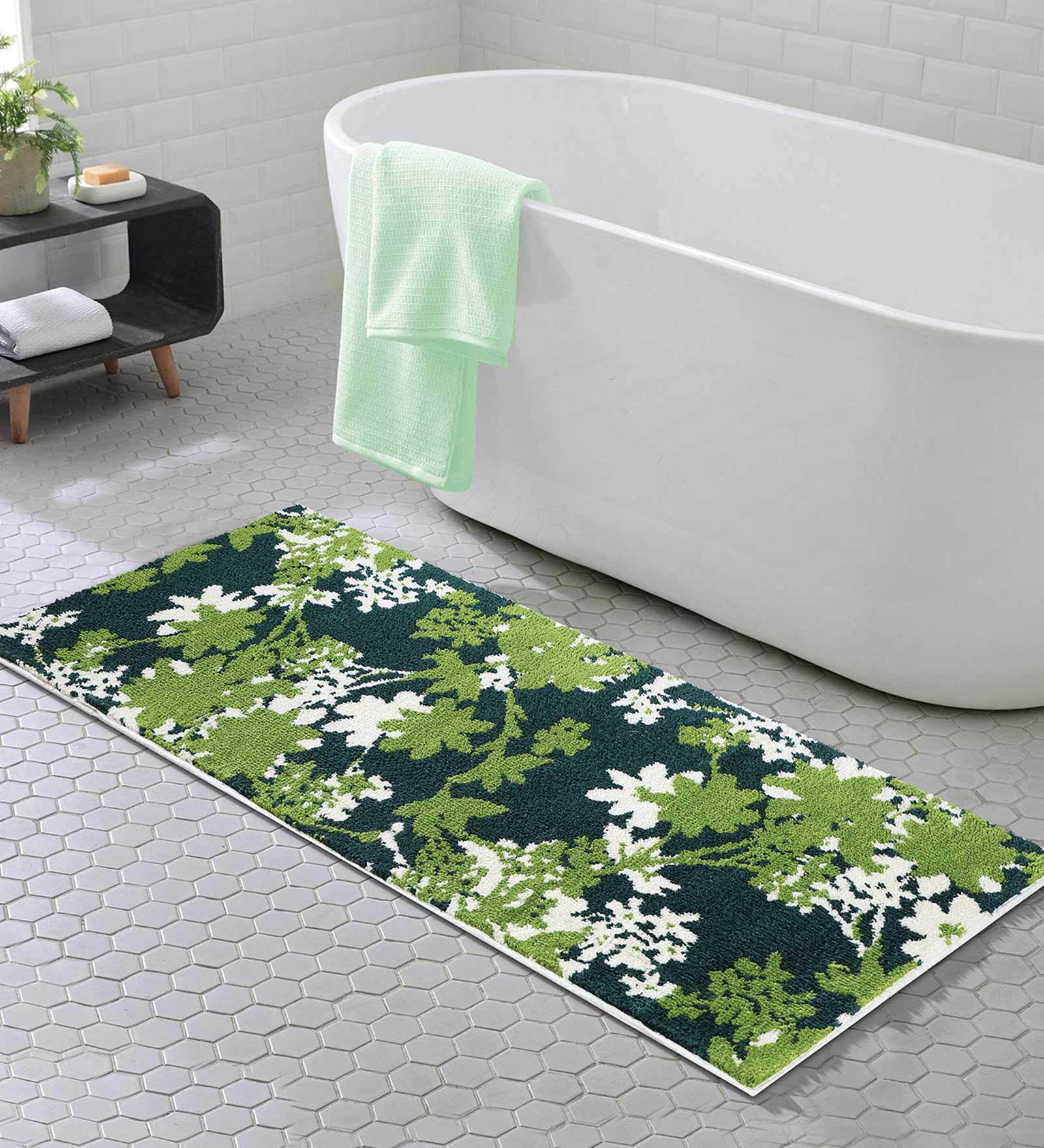 Green Floral Polyester AntiSkid Bathmat