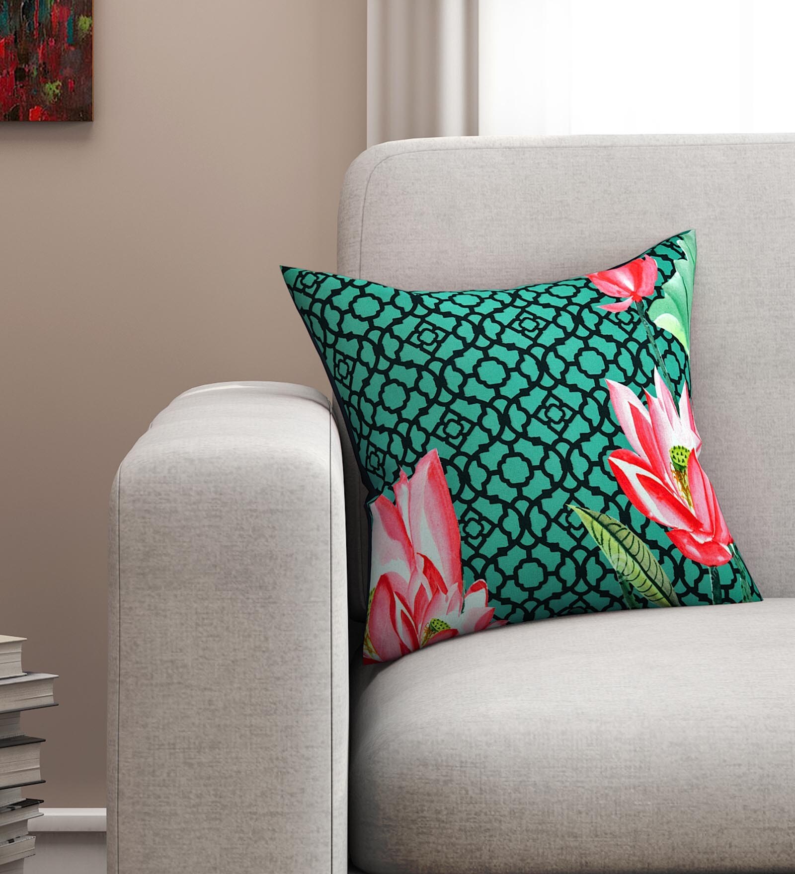 Green - Patchwork Cotton Kanchipuram Cushion Cover (16 x 16 in) 25