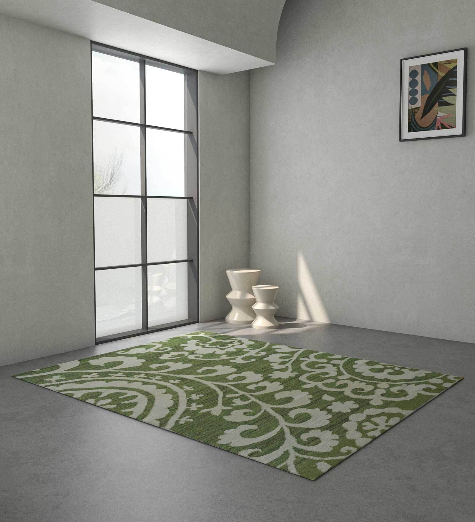 Green Floral Wool 9 X 12 ft Flat Weave Dhurrie