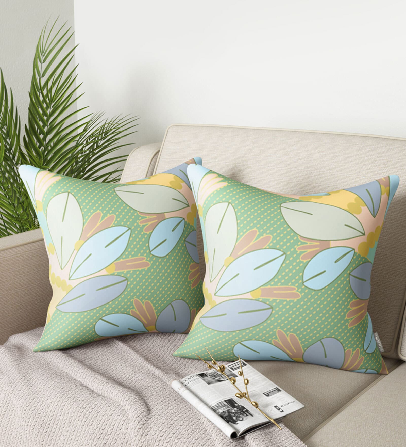 Green Floral Cotton 16x16 Inches Cushion Covers (Set of 2)
