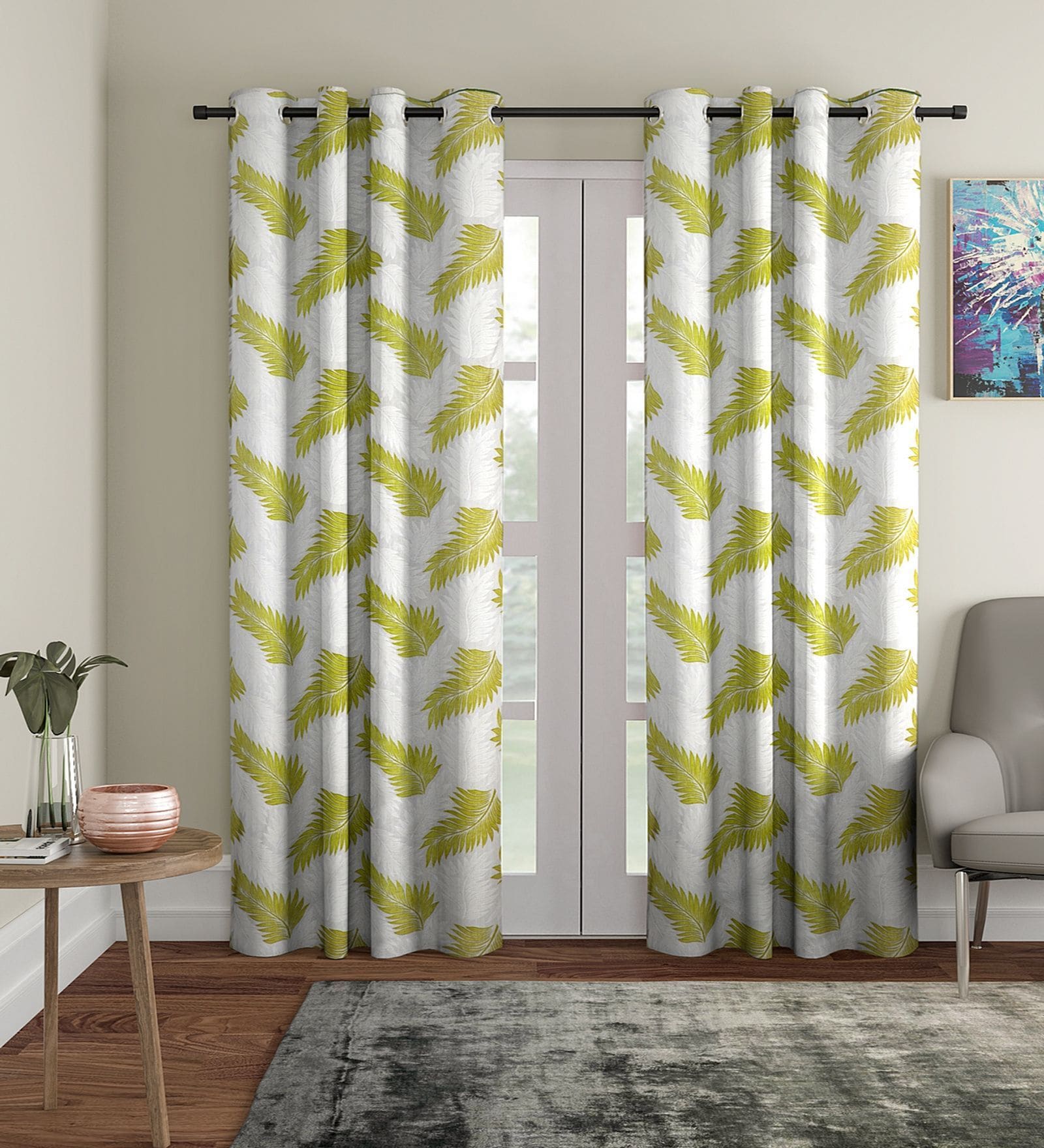 Green Floral Polyester 9Ft Semisheer Eyelet Door Curtains (Set Of 2)