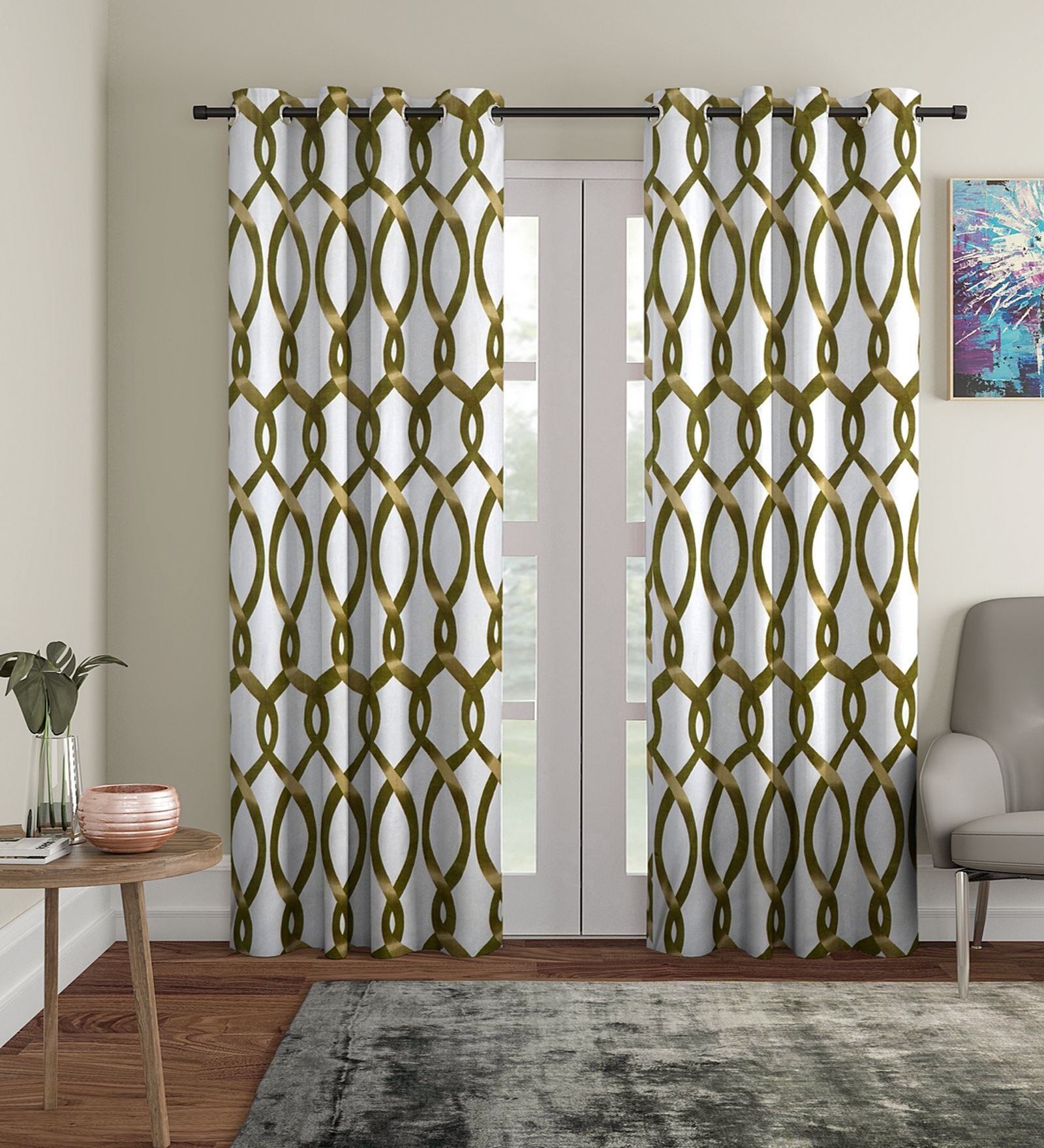 Green Floral Polyester 9Ft Semisheer Eyelet Door Curtains (Set Of 2)