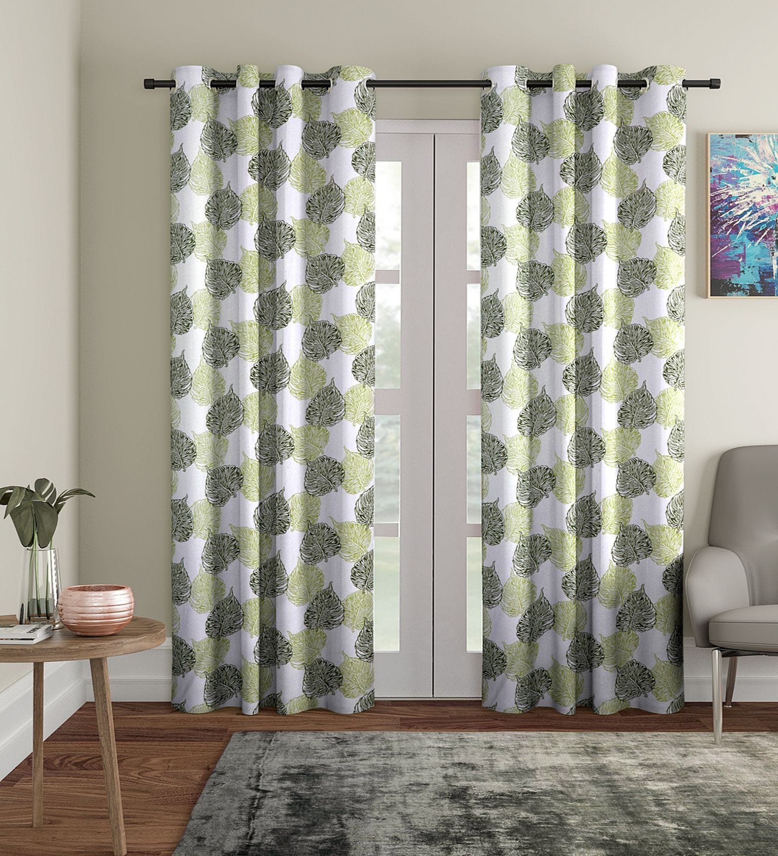 Green Floral Polyester 9Ft Semisheer Eyelet Door Curtains (Set Of 2)