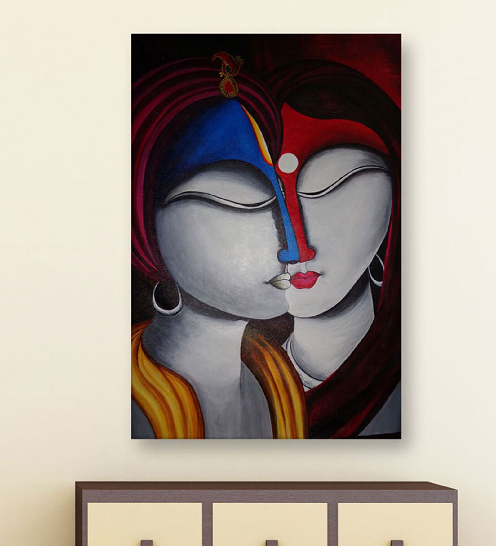 Radha Krishna In Green Canvas Framed Art Print (33 x 21 Inches)