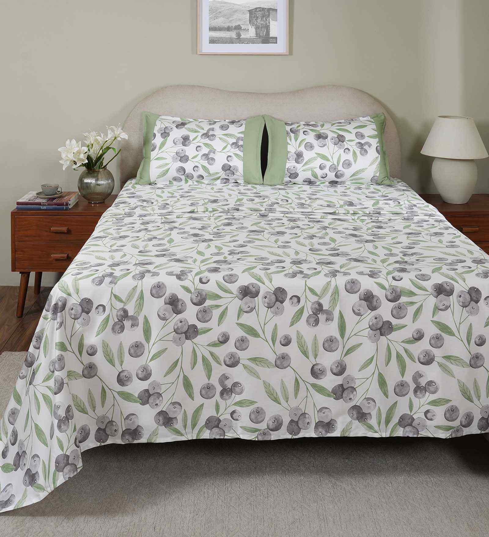 Green Fruit Print 200 TC Cotton Single Bed Sheet with 1 Pillow Cover Sensory Bloom Collection