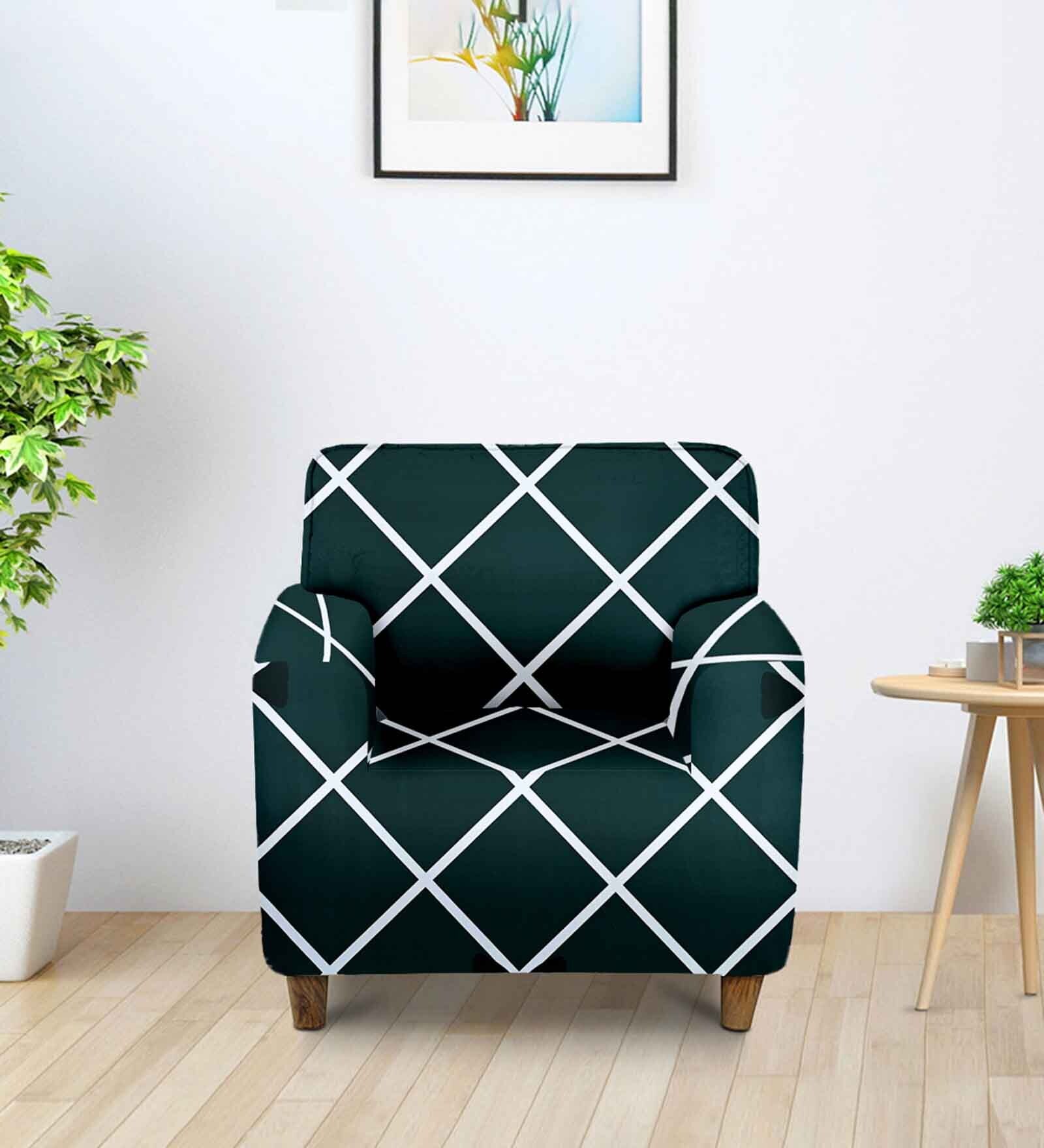 Green Geometric Polyester 1 Seater Elastic Stretchable Sofa Cover
