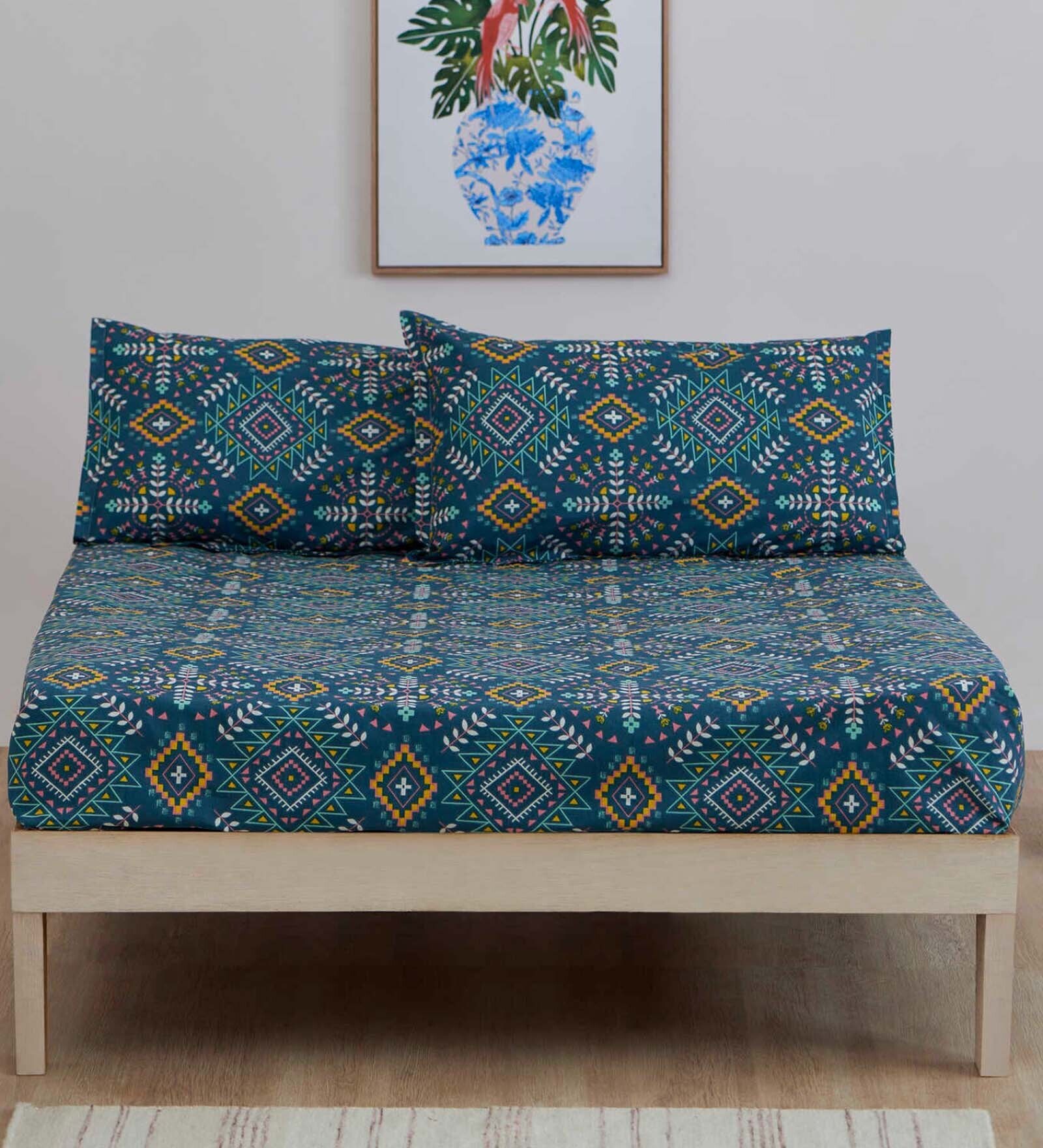 Buy Green Traditional 136 TC Cotton Blend Queen Sized Bed Sheets with 2