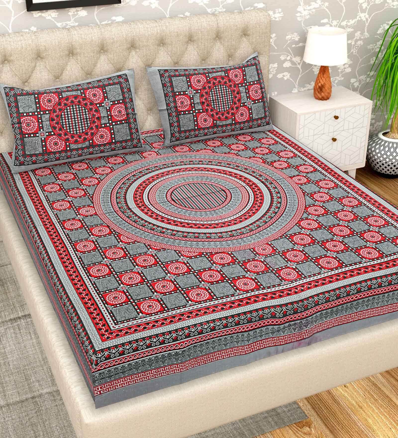 Multicolor Geometric 200 TC Cotton Double Queen Sized Bedsheet With 2 Pillow Covers