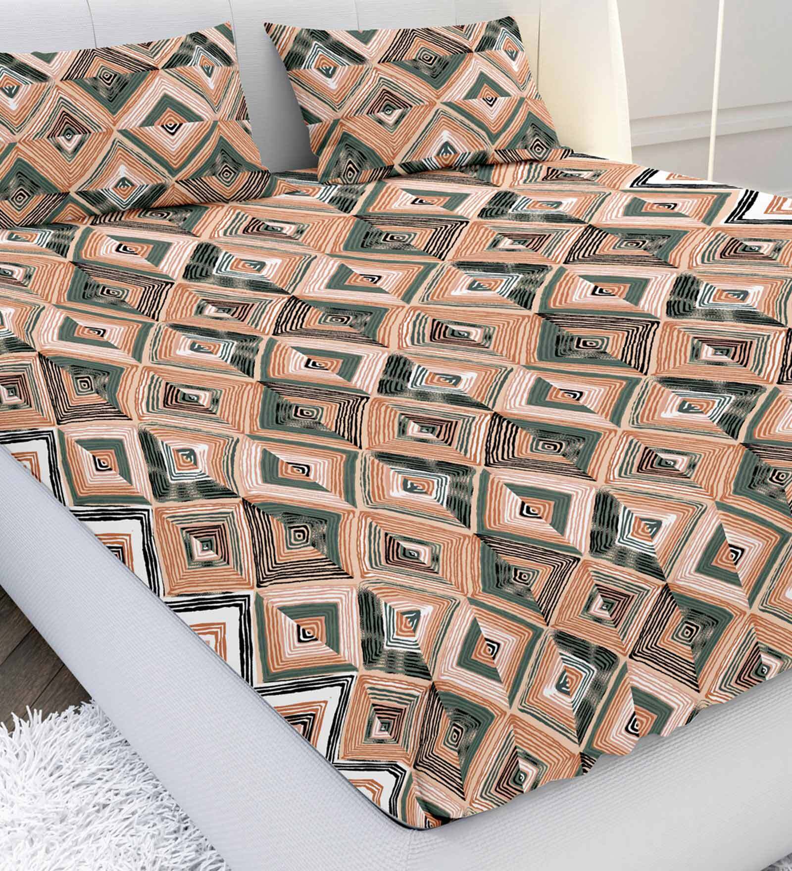 Multicolor Geometric 210 TC Cotton Satin King Bedsheet with 2 Pillow Covers Artonic Collection