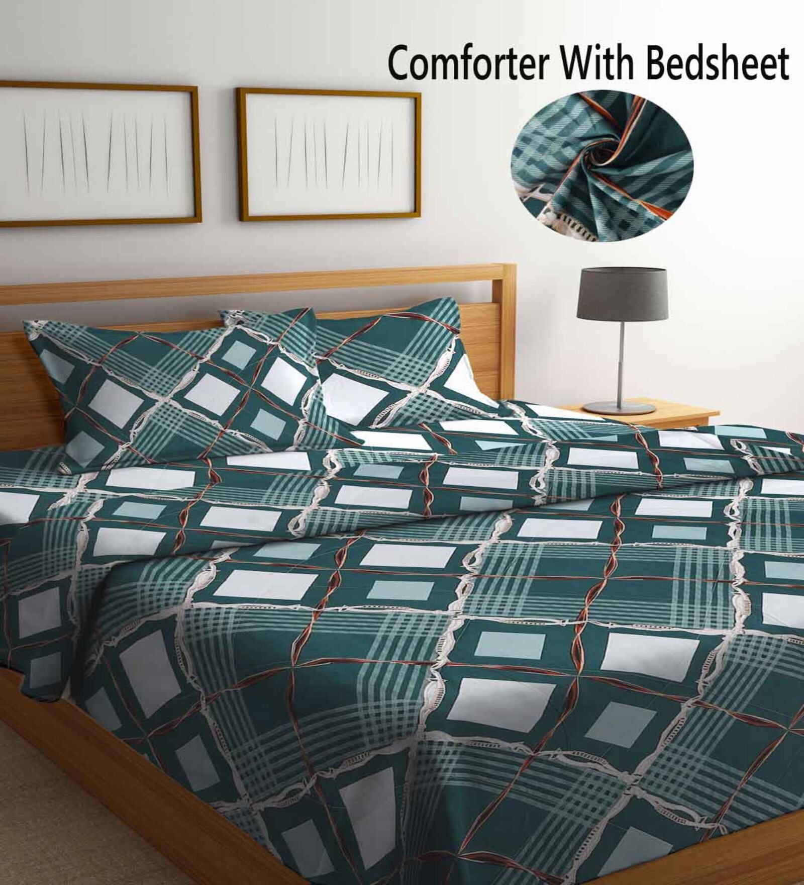 Buy Teal Geometric 210 TC Poly Cotton (Set of 4) Double Bed Bedding