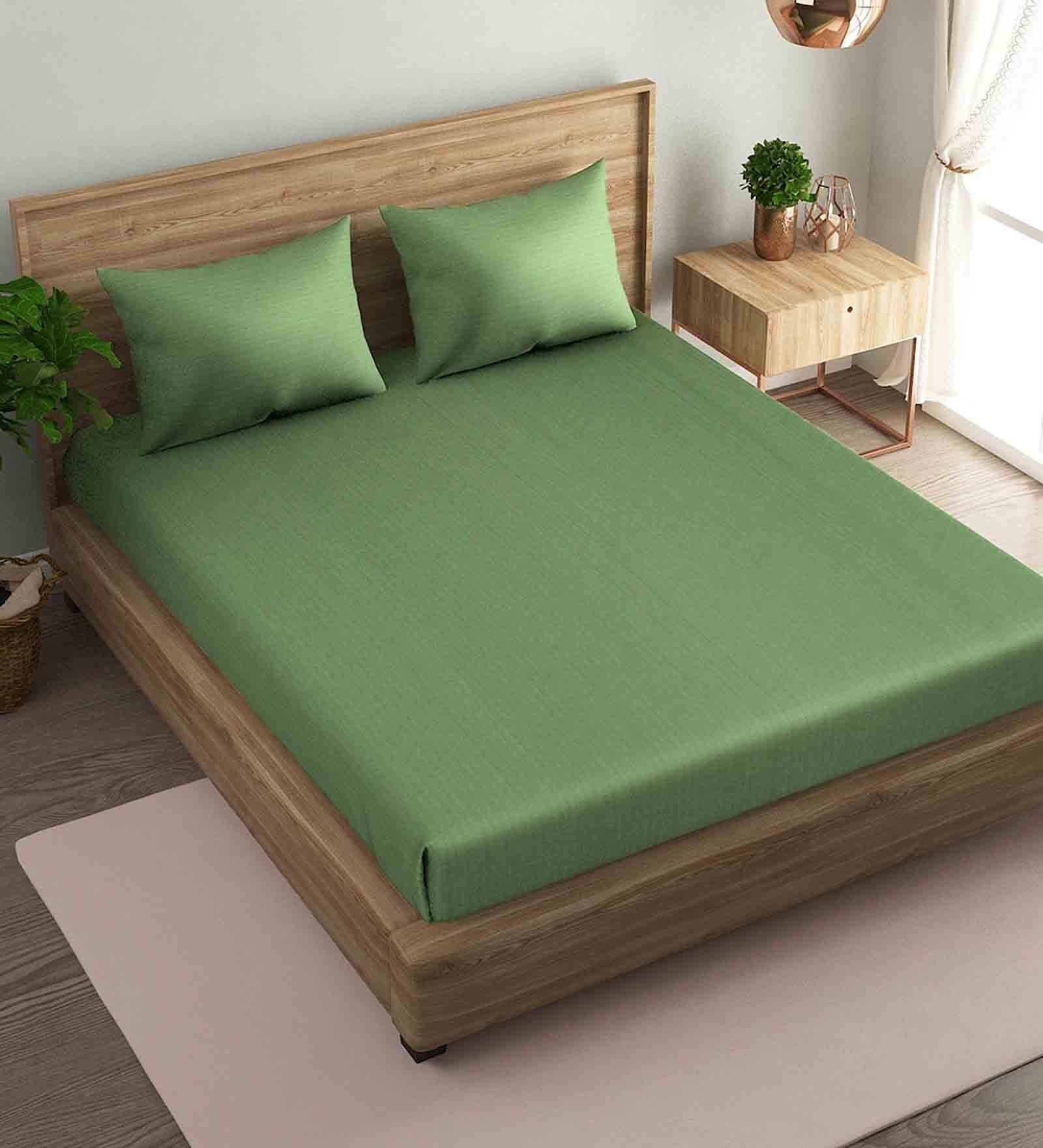 Green Solid 210 TC Satin Single Bed Sized Bed Sheets With 1 Pillow Cover