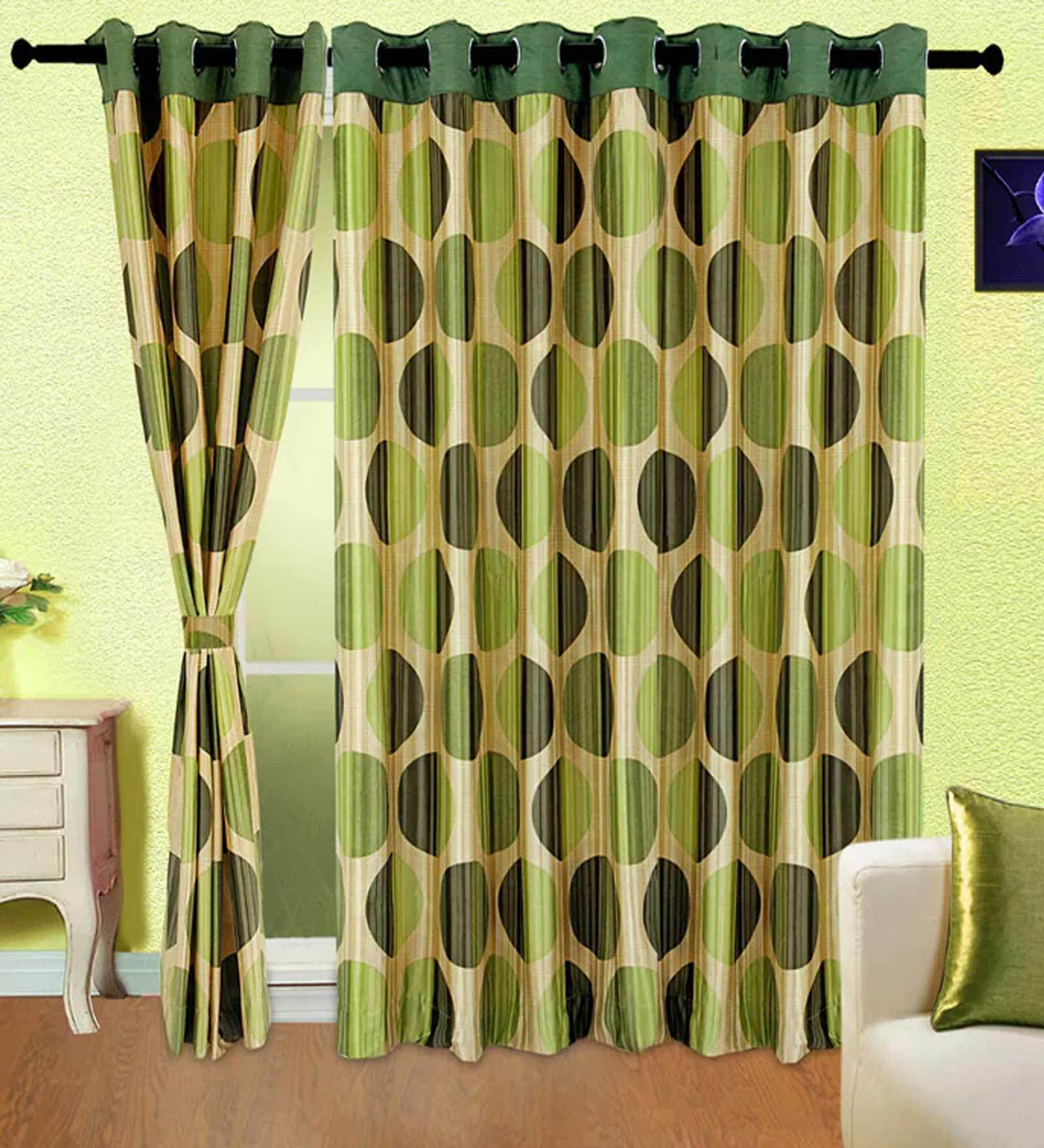 Green Geometric Polyester 5 Ft Semisheer Eyelet Door Curtains (Set of 2)