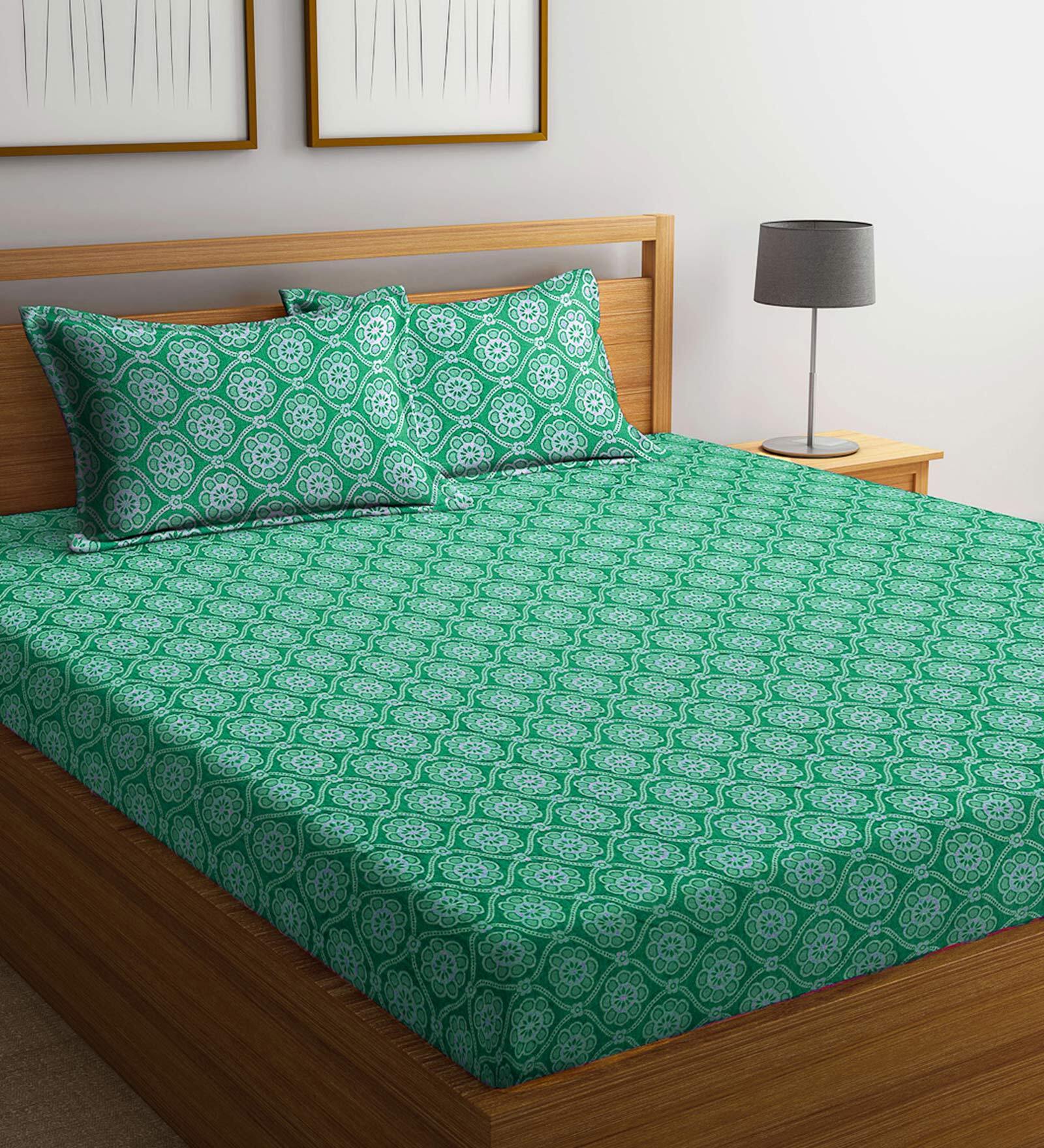 Buy Green Abstract TC 300 100 Cotton Double Bed Sheet With 2 Pillow