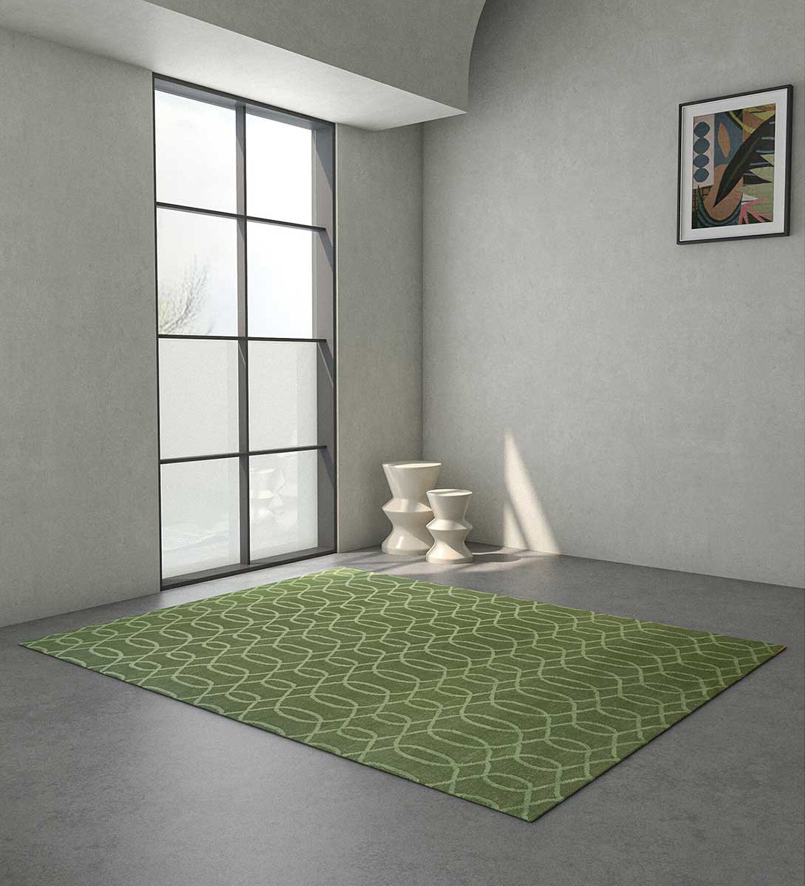 Green Geometric Wool 8 ft x 10 ft Hand knotted Carpet