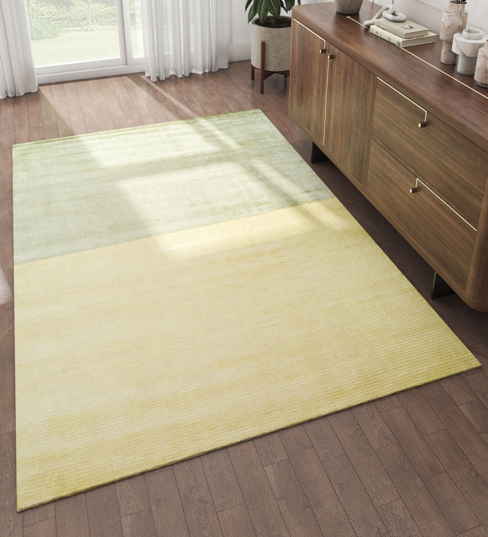 Green Geometrical Bamboo Silk 6 ft X 9 ft Hand Woven Carpet