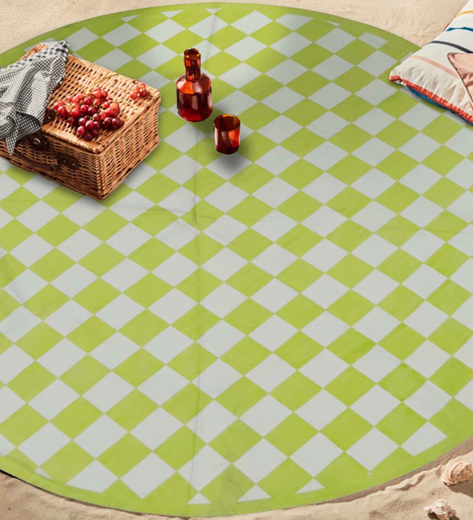Green Geometrical Cotton 6 ft x 6 ft Hand Woven Picnic Mats
