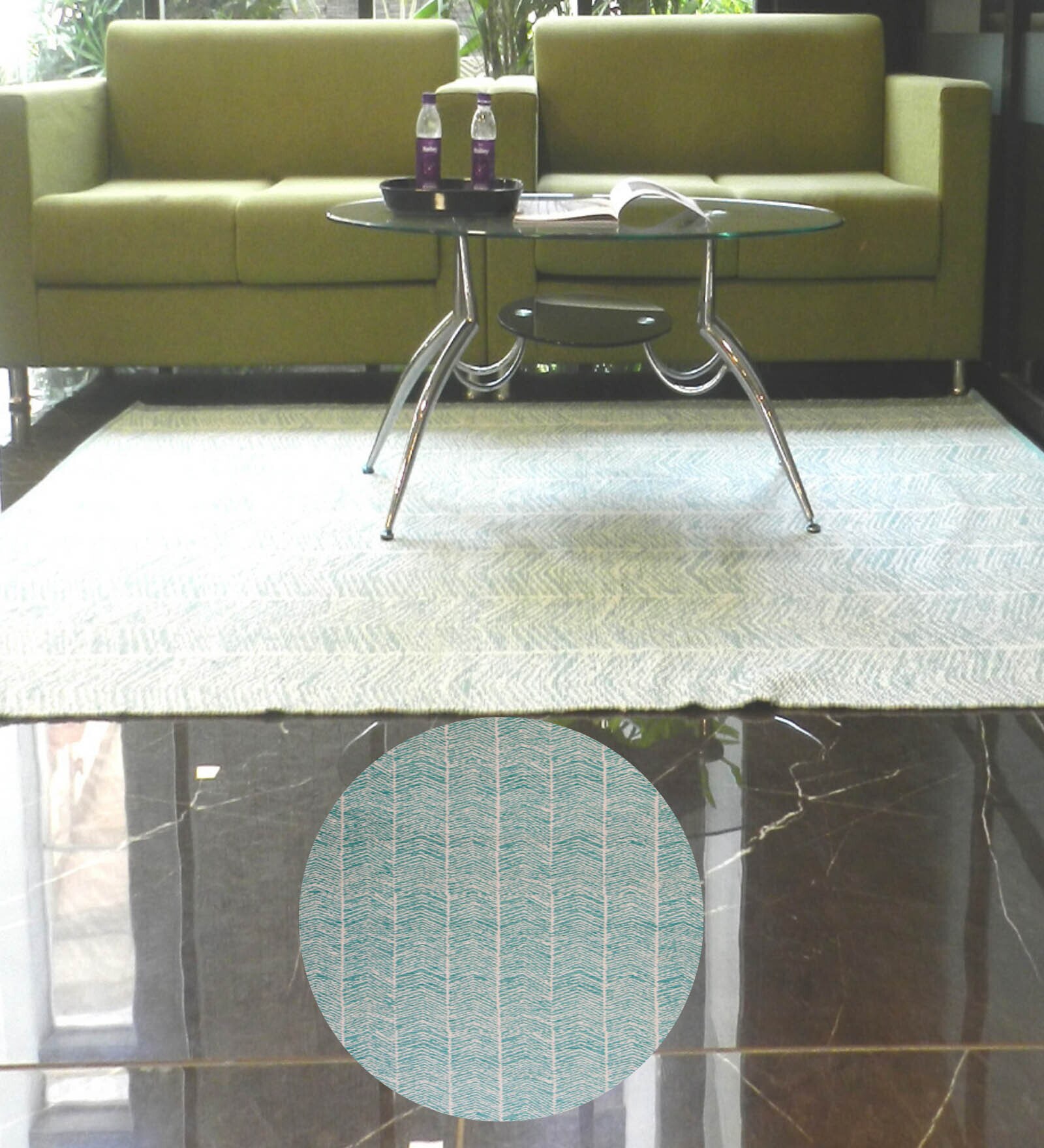 Green Geometrical Cotton 8X5 Feet Hand Woven Carpet