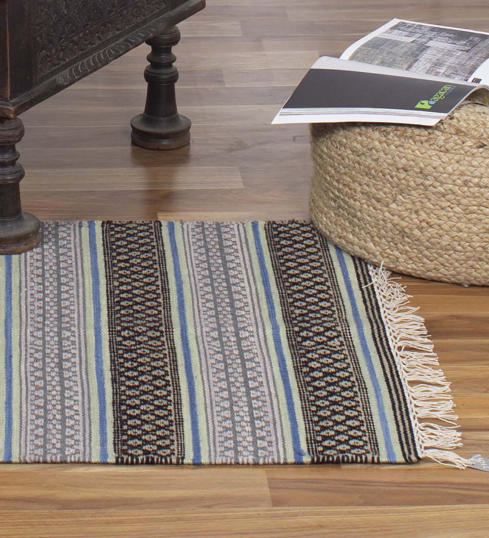 Blue Wool Flat Weave 4 x 3 Feet Dhurrie