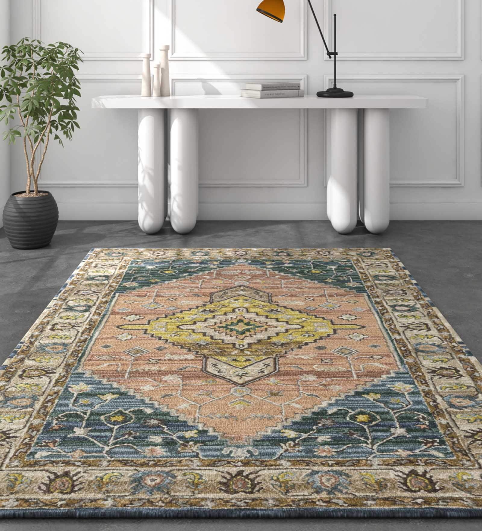 Green Geometrical Wool 3 ft X 5 ft Hand Tufted Carpet