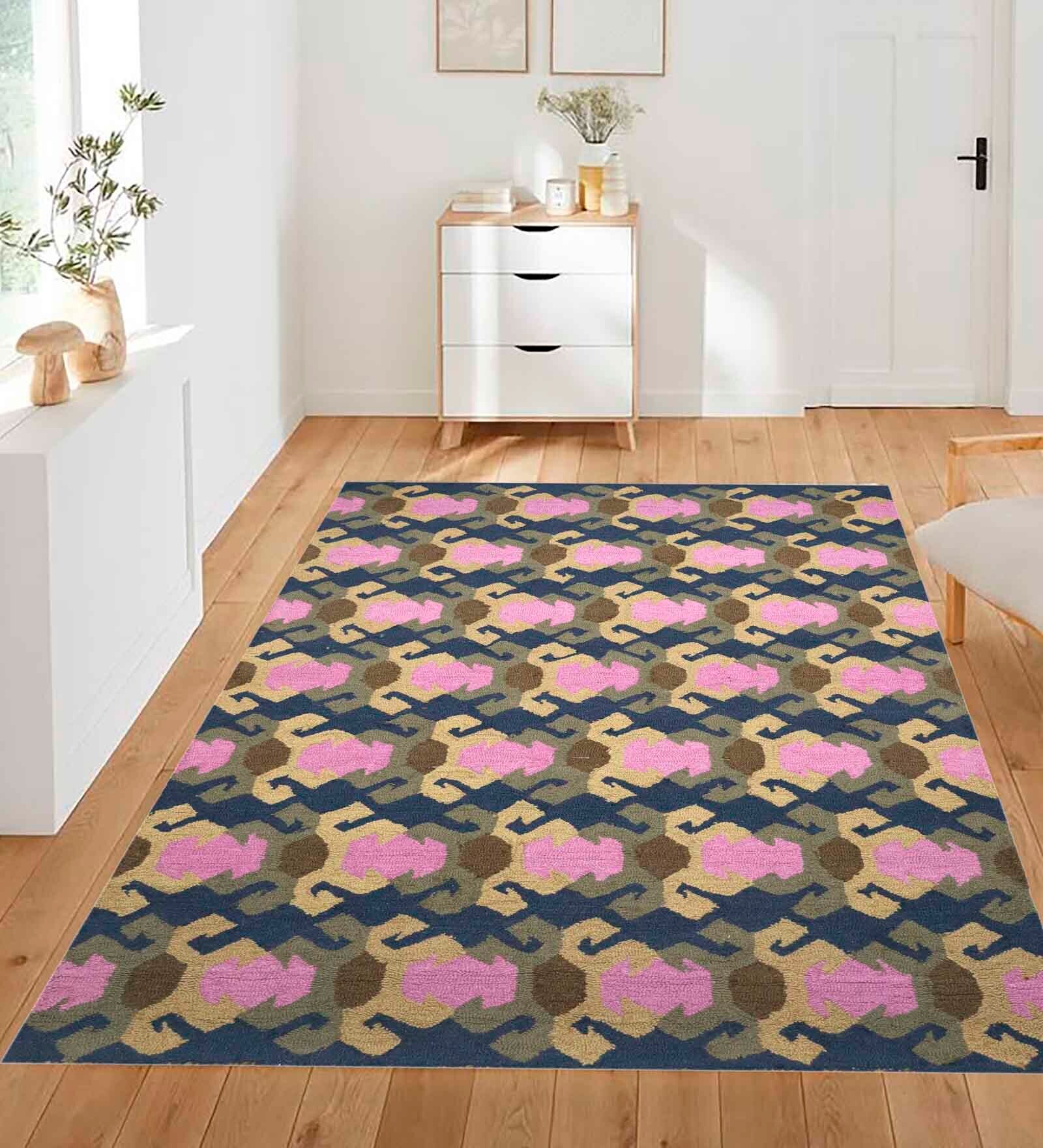 Multicolor Geometrical Wool and Cotton 5 x 8 Feet Hand tufted Carpet