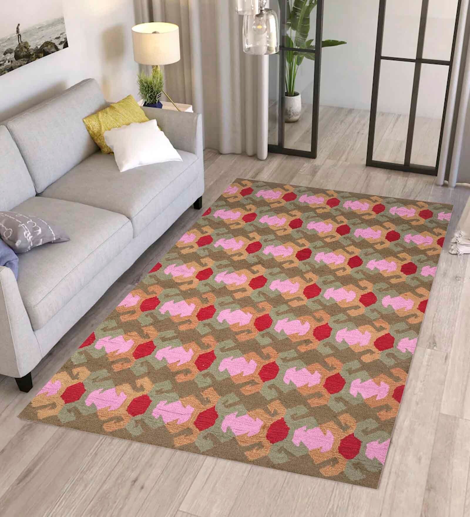 Multicolor Geometrical Wool and Cotton 5 x 8 Feet Hand tufted Carpet