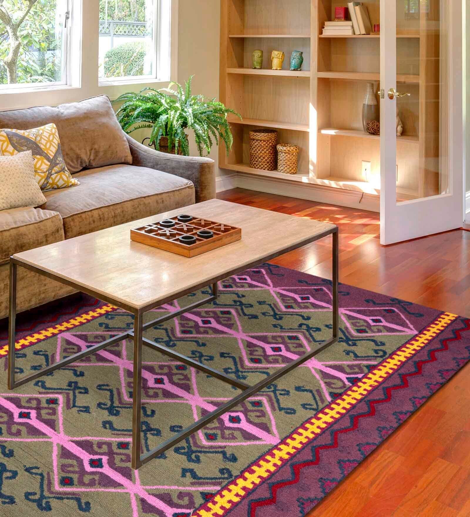 Multicolor Geometrical Wool and Cotton 5 x 8 Feet Hand tufted Carpet