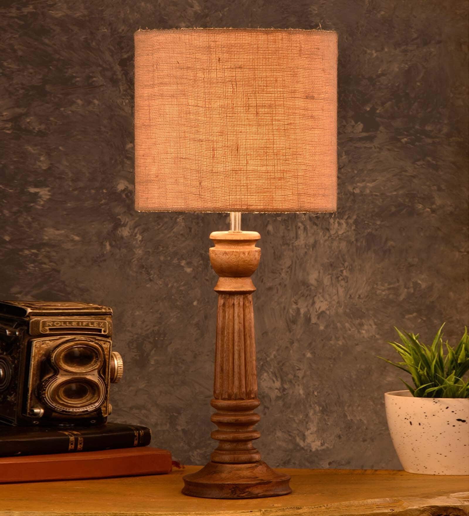 Green Girgit Pillar Brown Lamp With Brown Jute Shade
