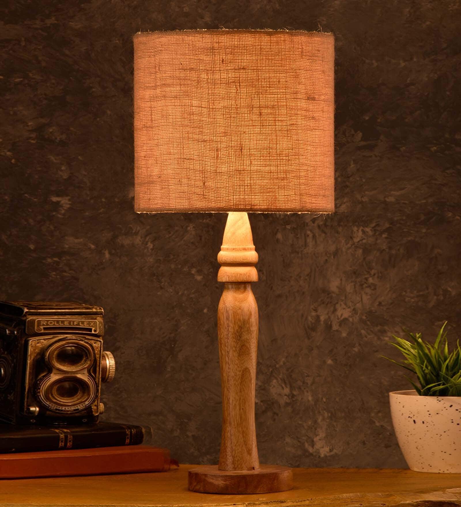 Green Girgit Round Brown Lamp With Brown Jute Shade