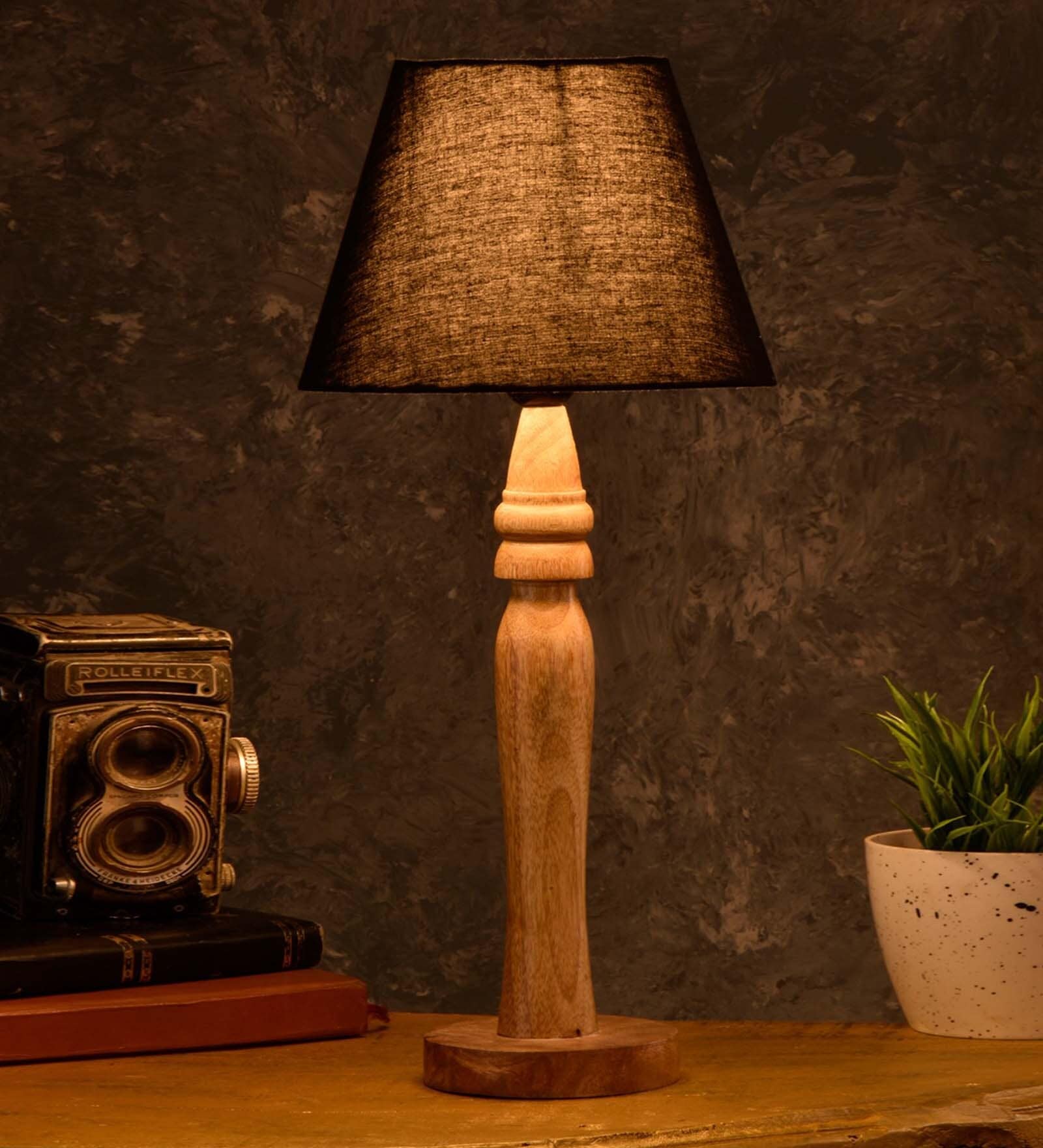 Green Girgit Round Brown Lamp With Taper Black Cotton Shade