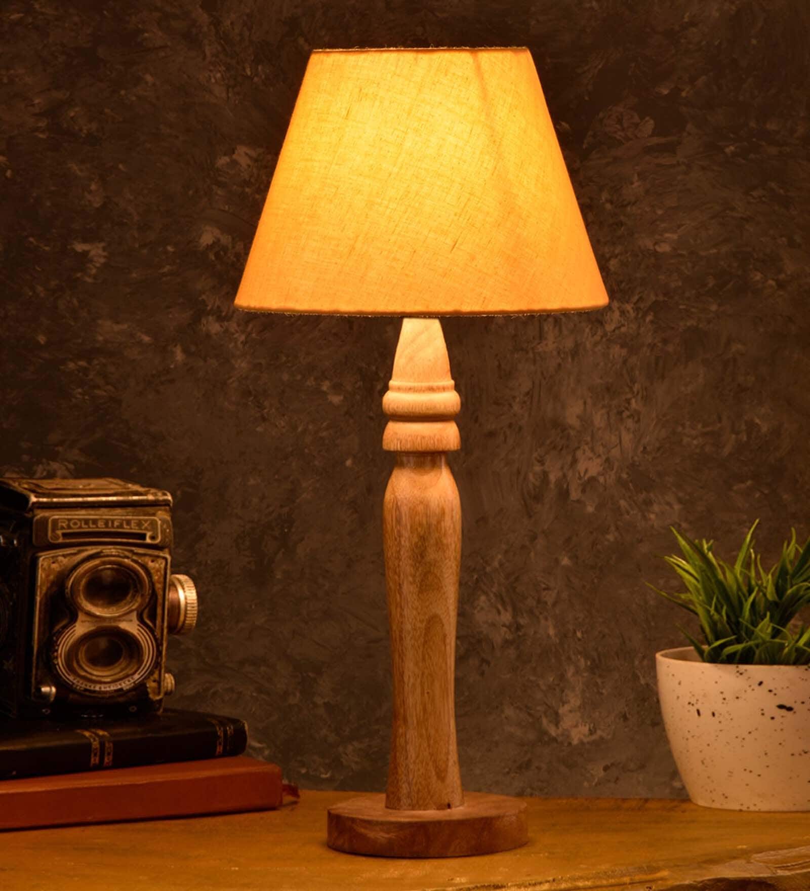 Green Girgit Round Brown Lamp With Taper Yellow Cotton Shade