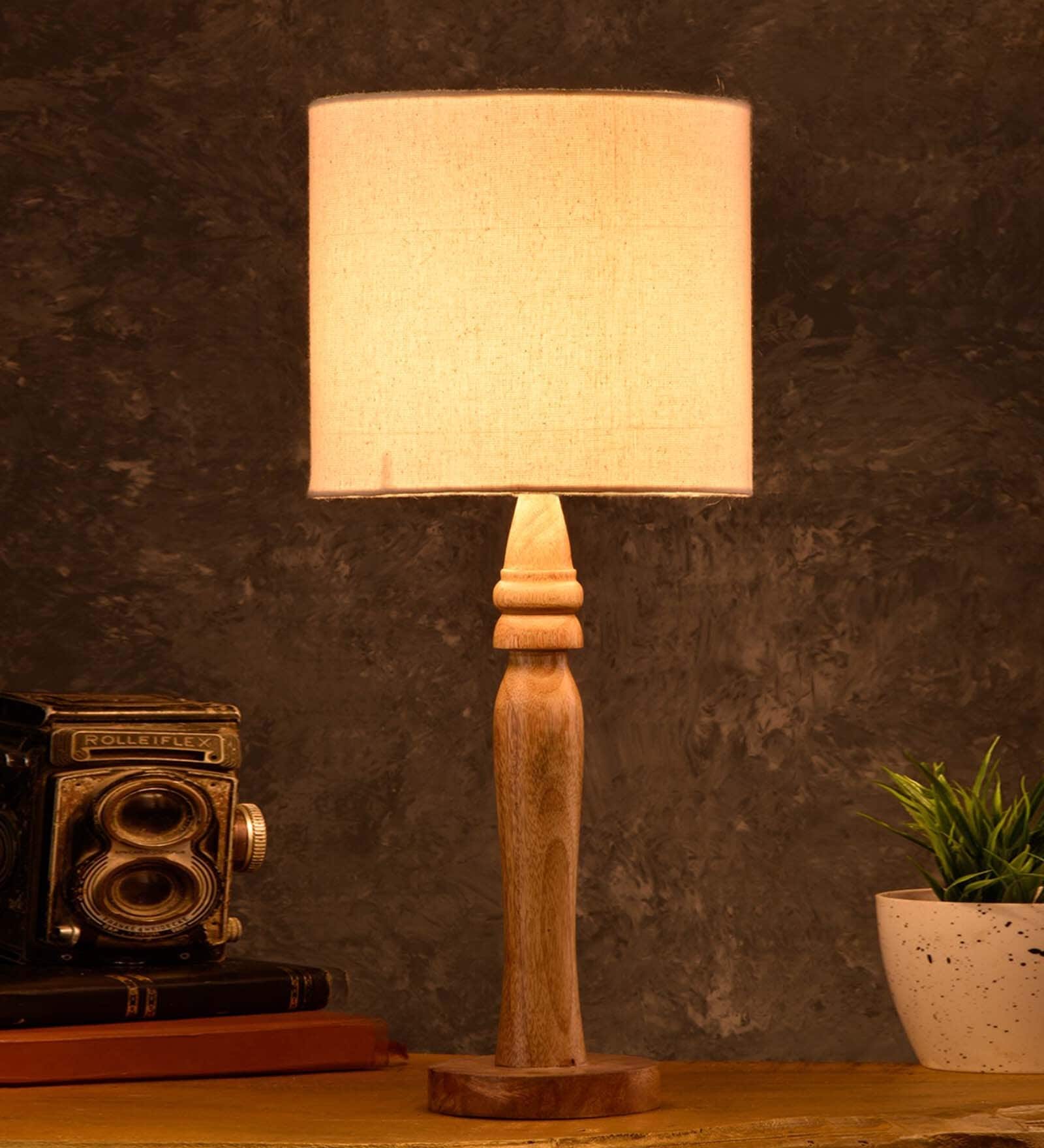 Green Girgit Round Brown Lamp With White Cotton Shade