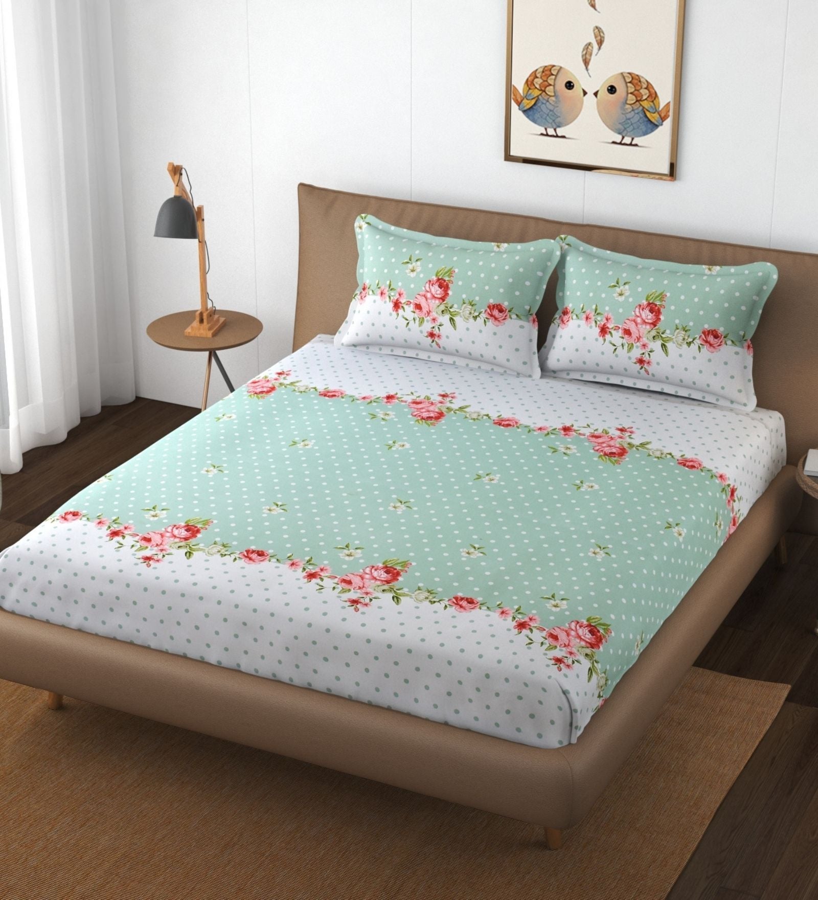 Green Glace Cotton Elastic Fitted King Bedsheet With 2 Pillow Covers