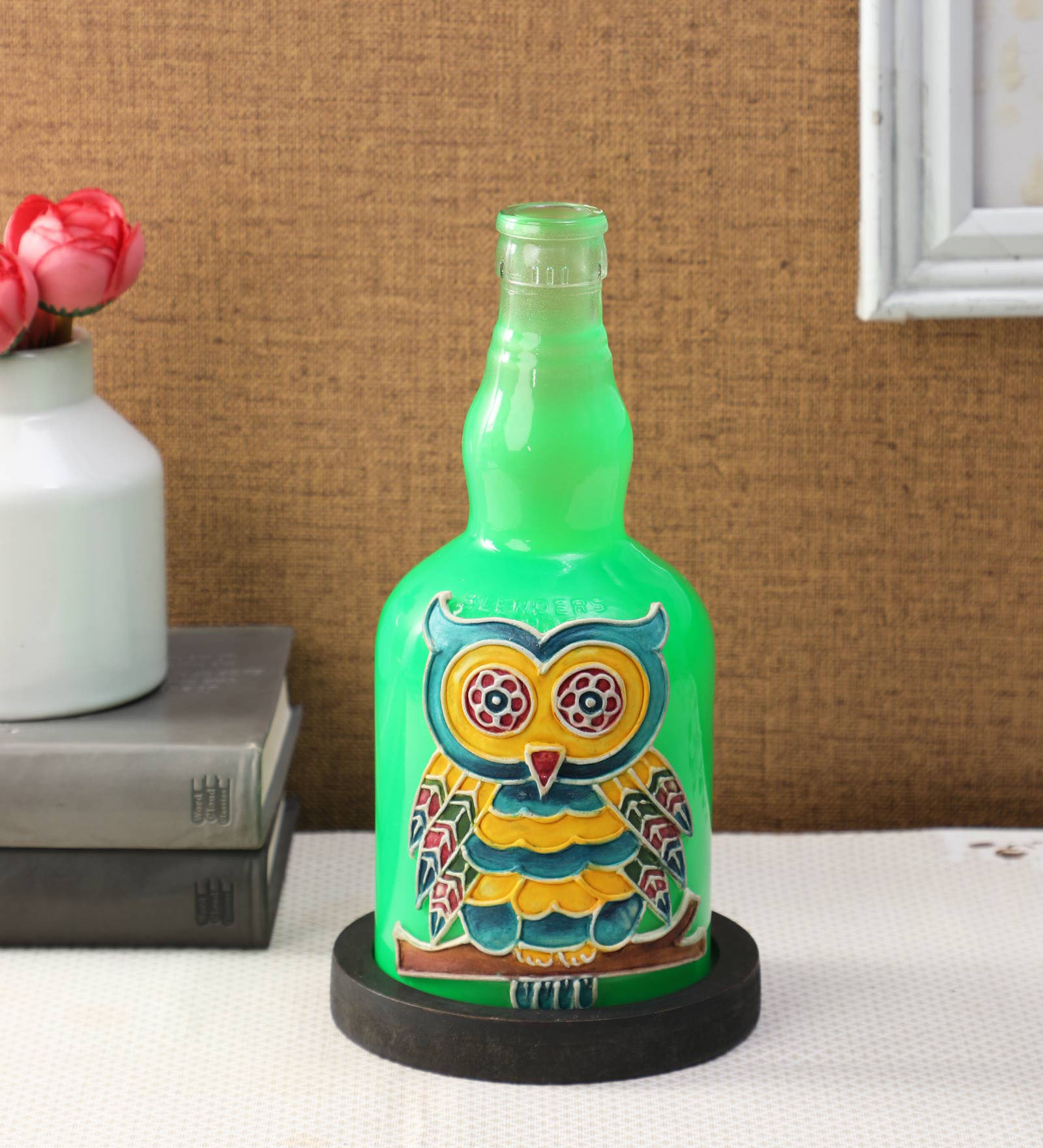 Green Glass Shade Table Lamp with Brown Base