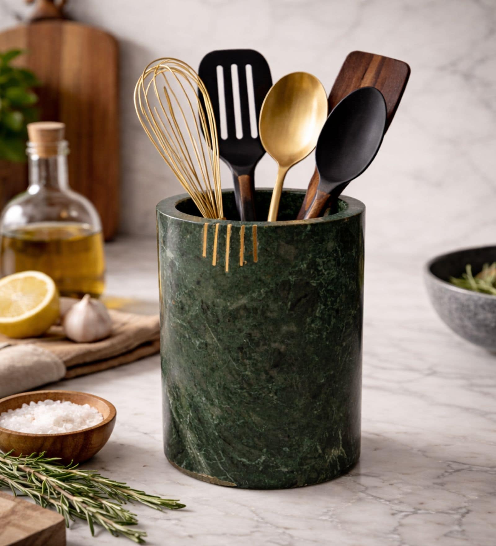 Green Green Marble With Brass Inlay Cutlery Holder