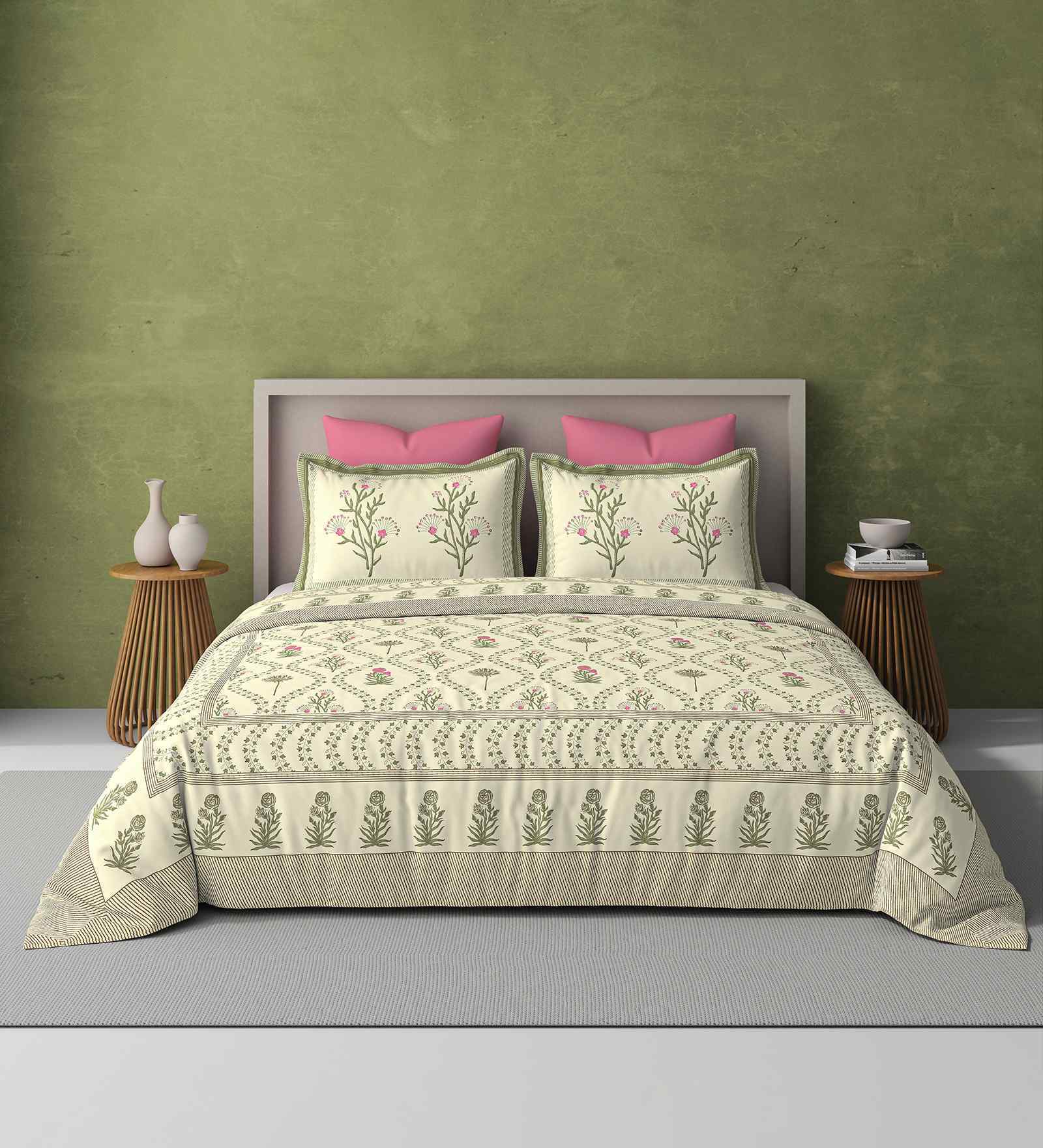 Green Jaipuri Blockprint 250 TC Pure Cotton King Sized Double Bedsheet with 2 Pillow Covers