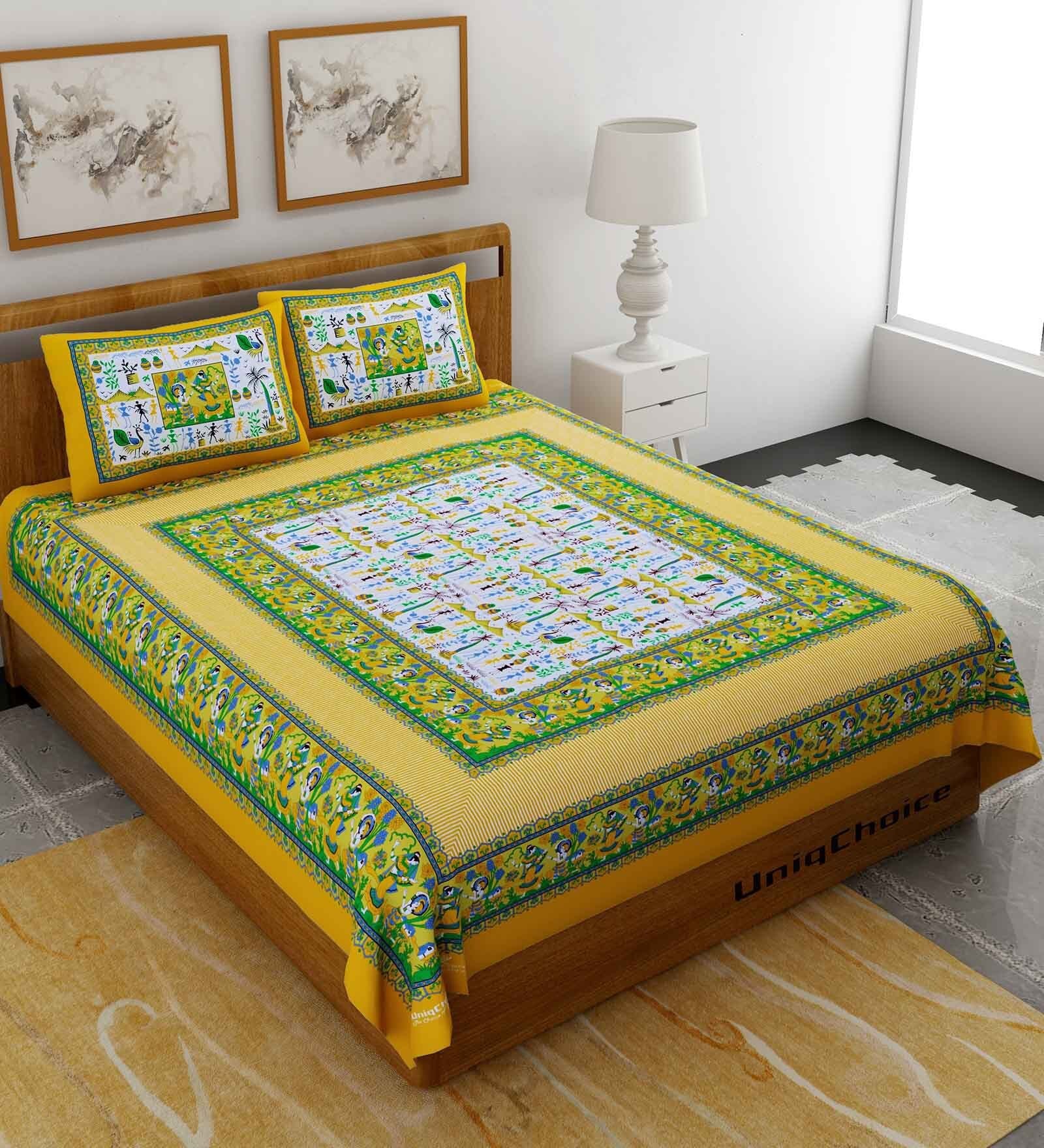 Green Abstract 120 TC Cotton Queen Sized Bedsheet with 2 Pillow Cover